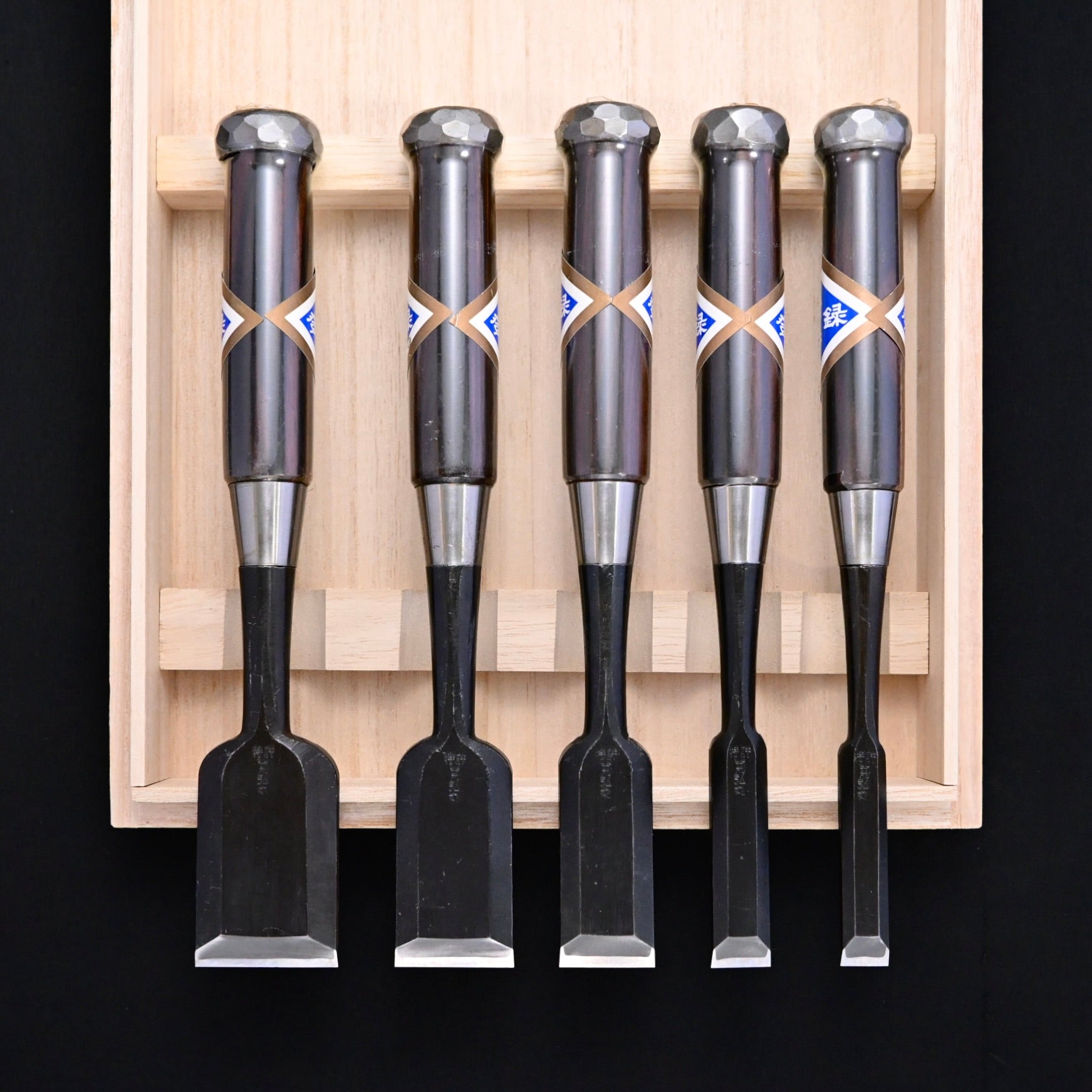 菊弘丸 追入組鑿 黒檀柄 5本組 Kikuhiromaru Bench chisels set with Ebony handle(Oirenomi)