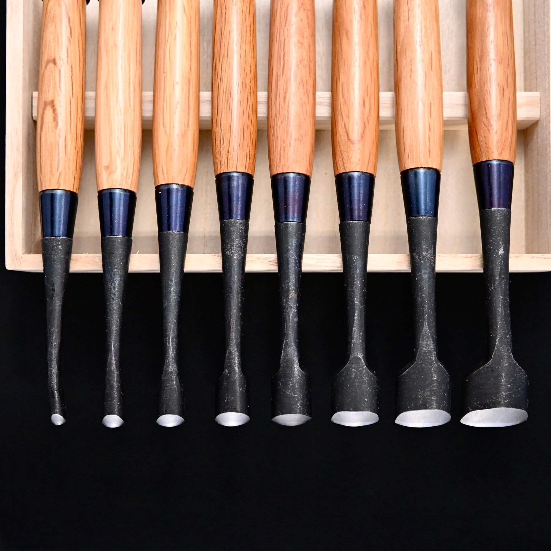Hashi Spoon chisels set Carving chisels with white steel 橋 清玄作 丸曲組鑿 八本組