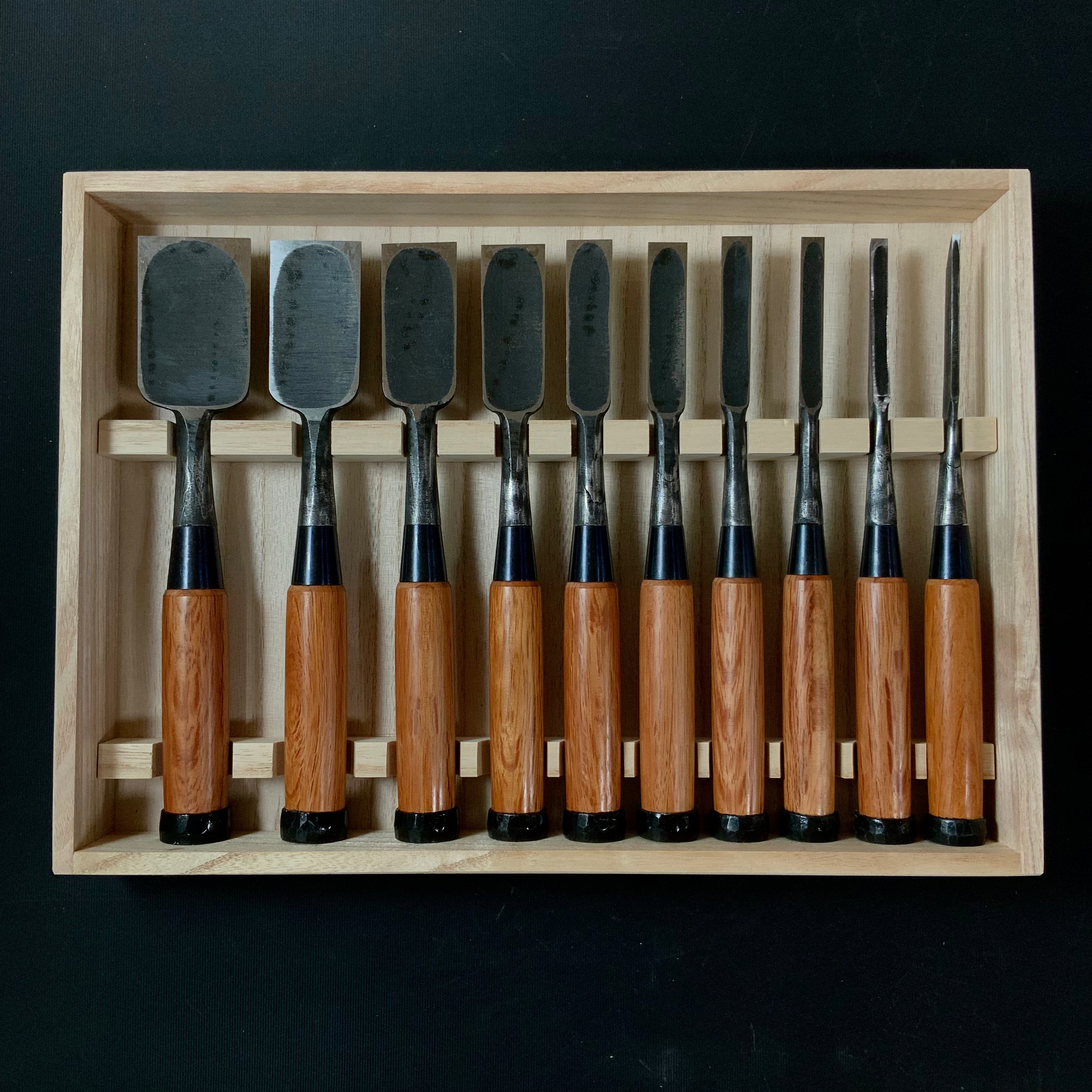 Sukemasa Suminagashi Bench chisels set with White steel 助正 墨流し 追入組鑿 白紙鋼 Oirenomi