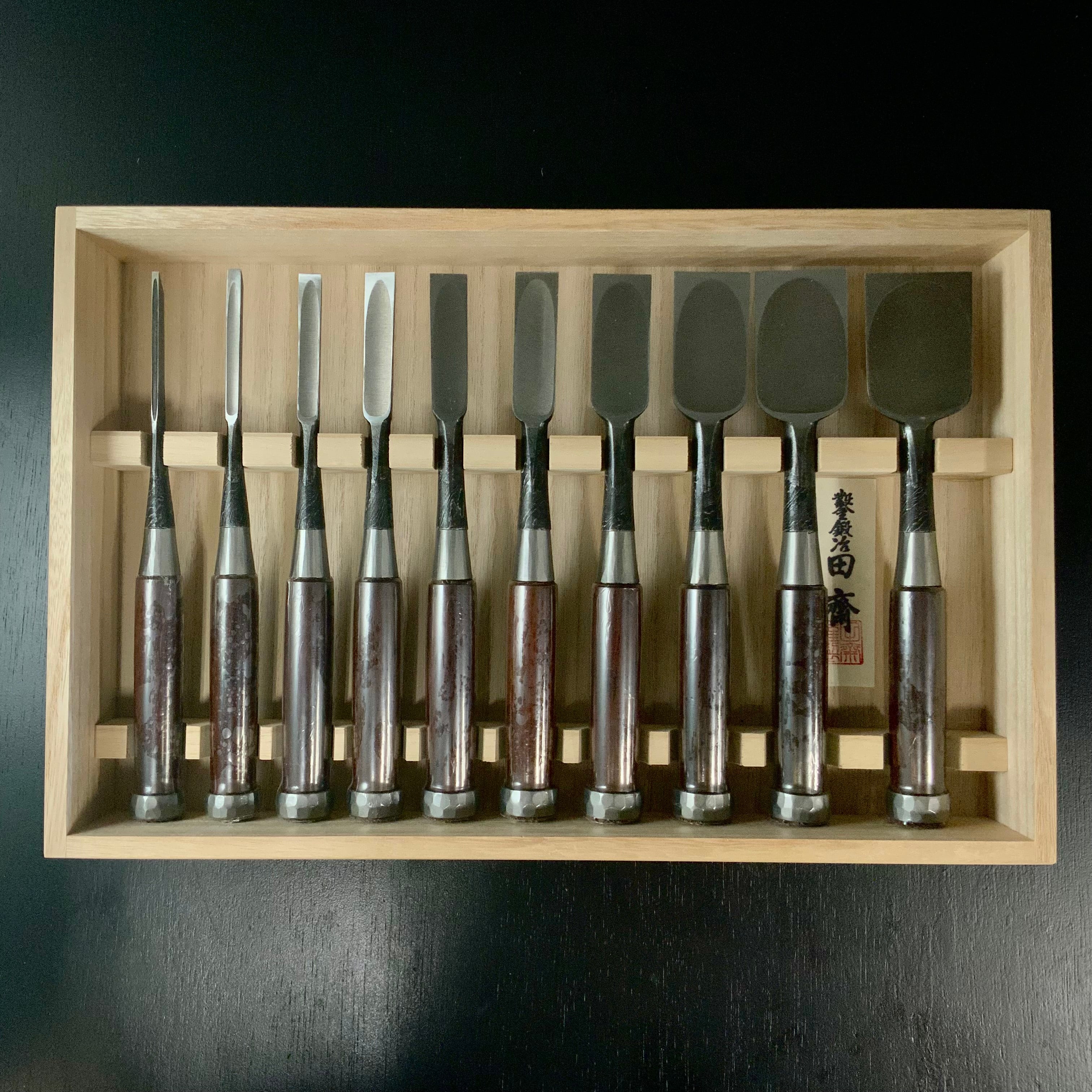 Tasai Mokume Special Bench chisels set with Rosewood handle 田斎作 木目造り 追入組鑿 10本組 紫檀柄