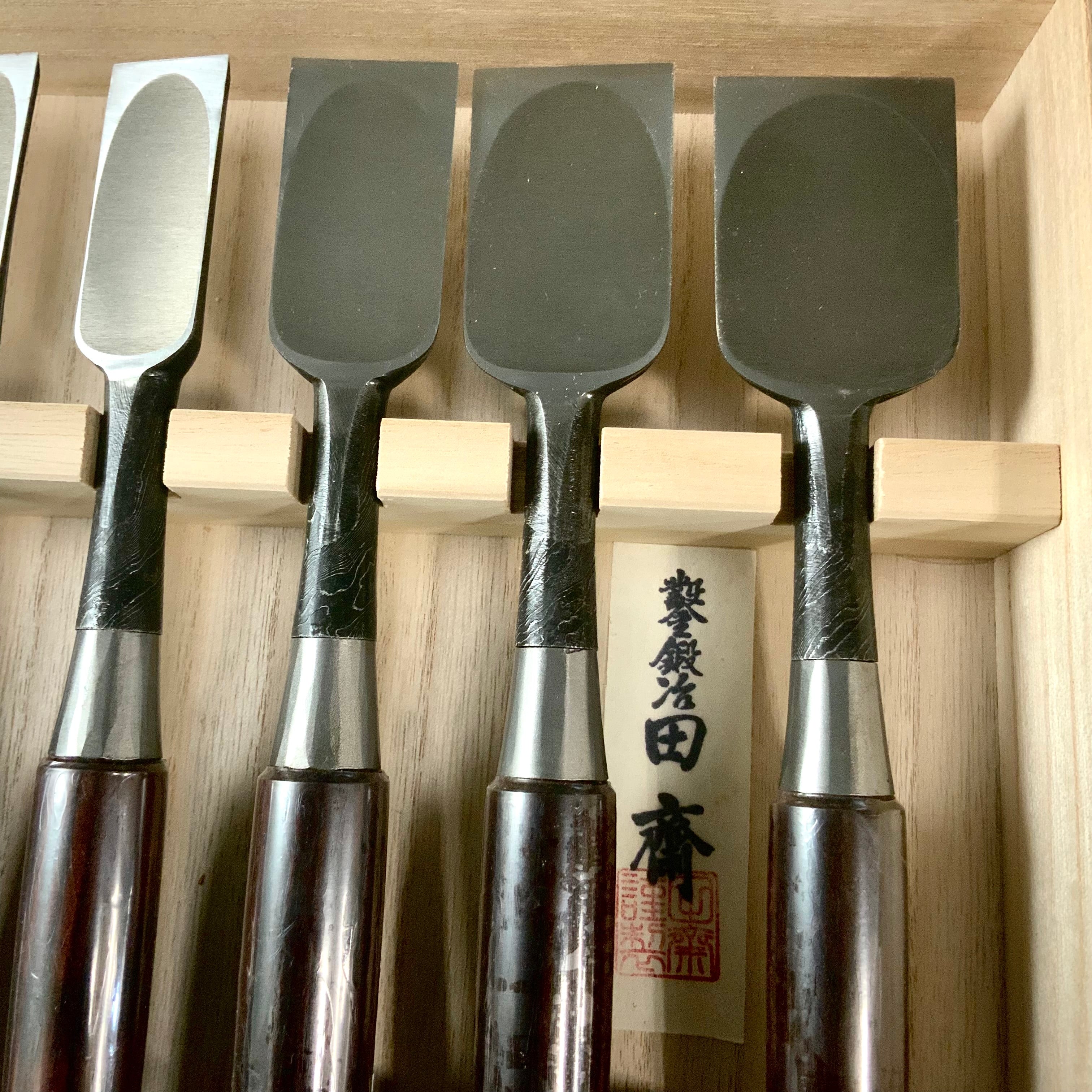 Tasai Mokume Special Bench chisels set with Rosewood handle 田斎作 木目造り 追入組鑿 10本組 紫檀柄