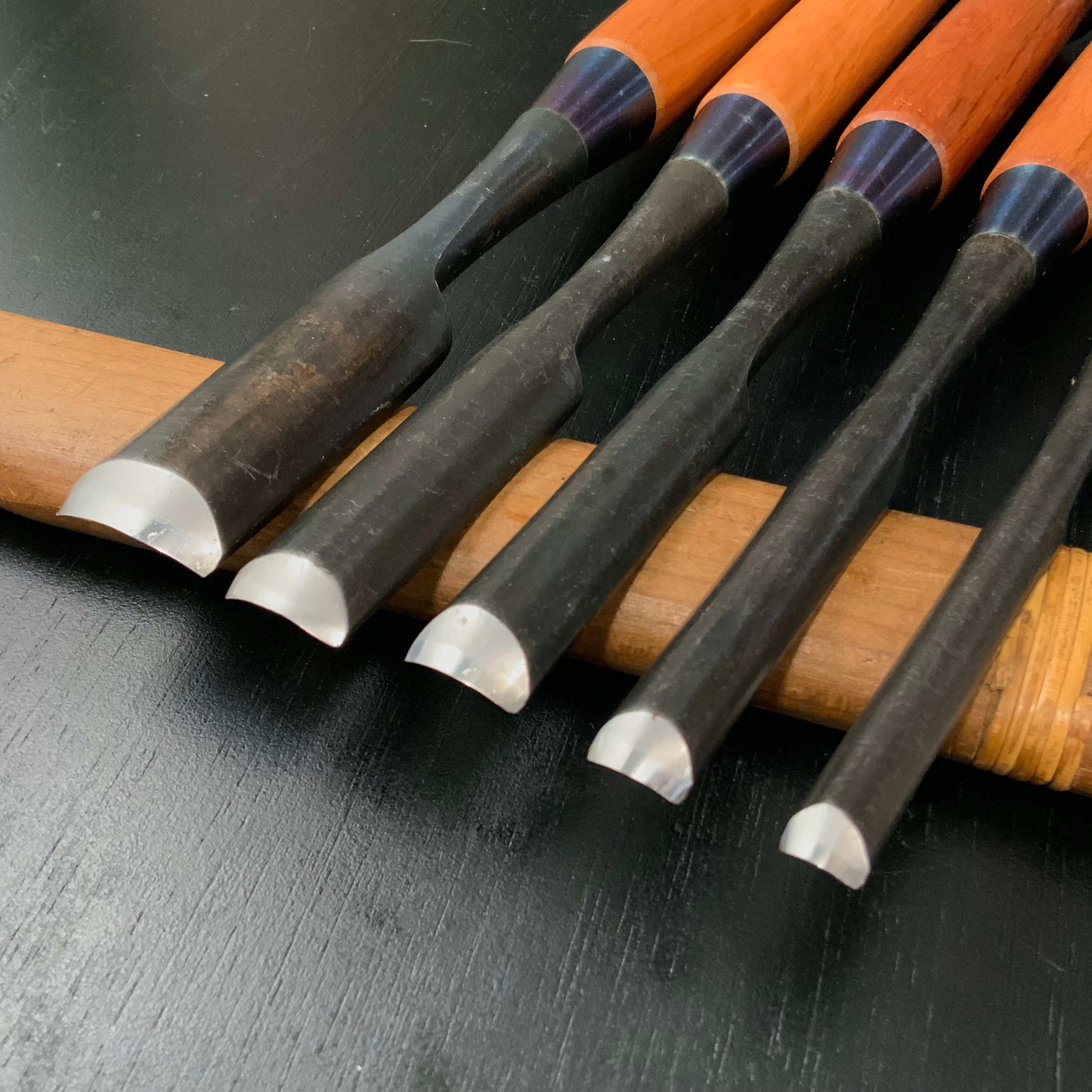 Unknown uchi maru chisels set with White steel 作者不明 内丸組鑿 5本組 uchimarunomi