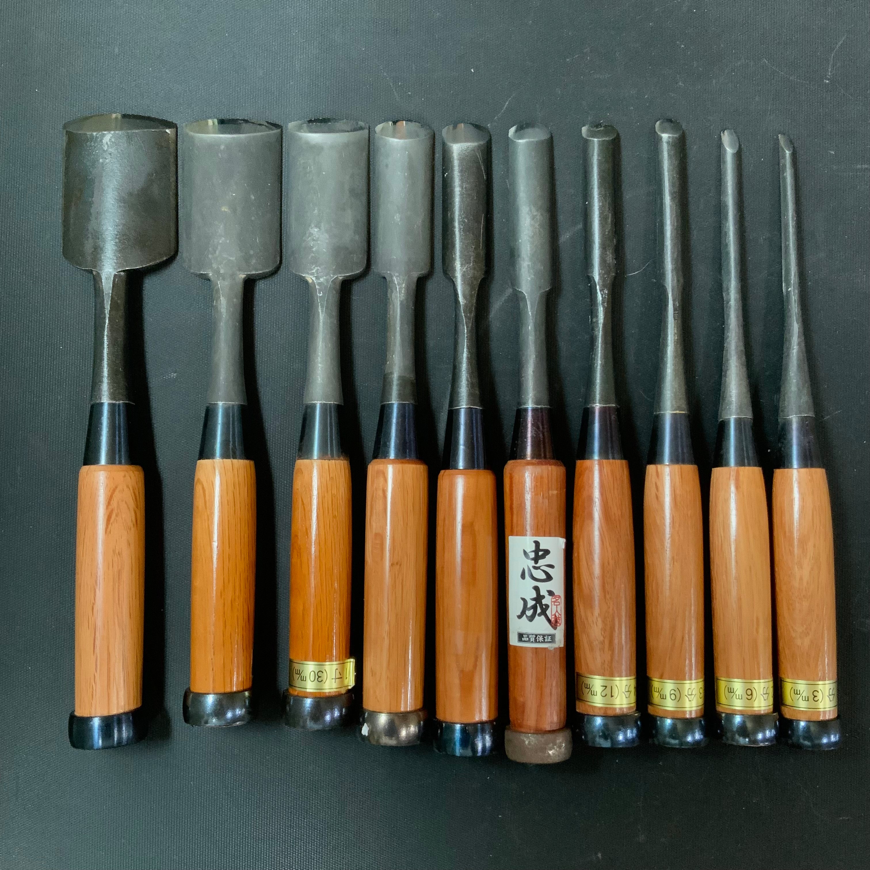 #13 Old stock Uchi maru bench chisels set with white steel 掘出し物 内丸追入組鑿 10本組 Uchimarunomi