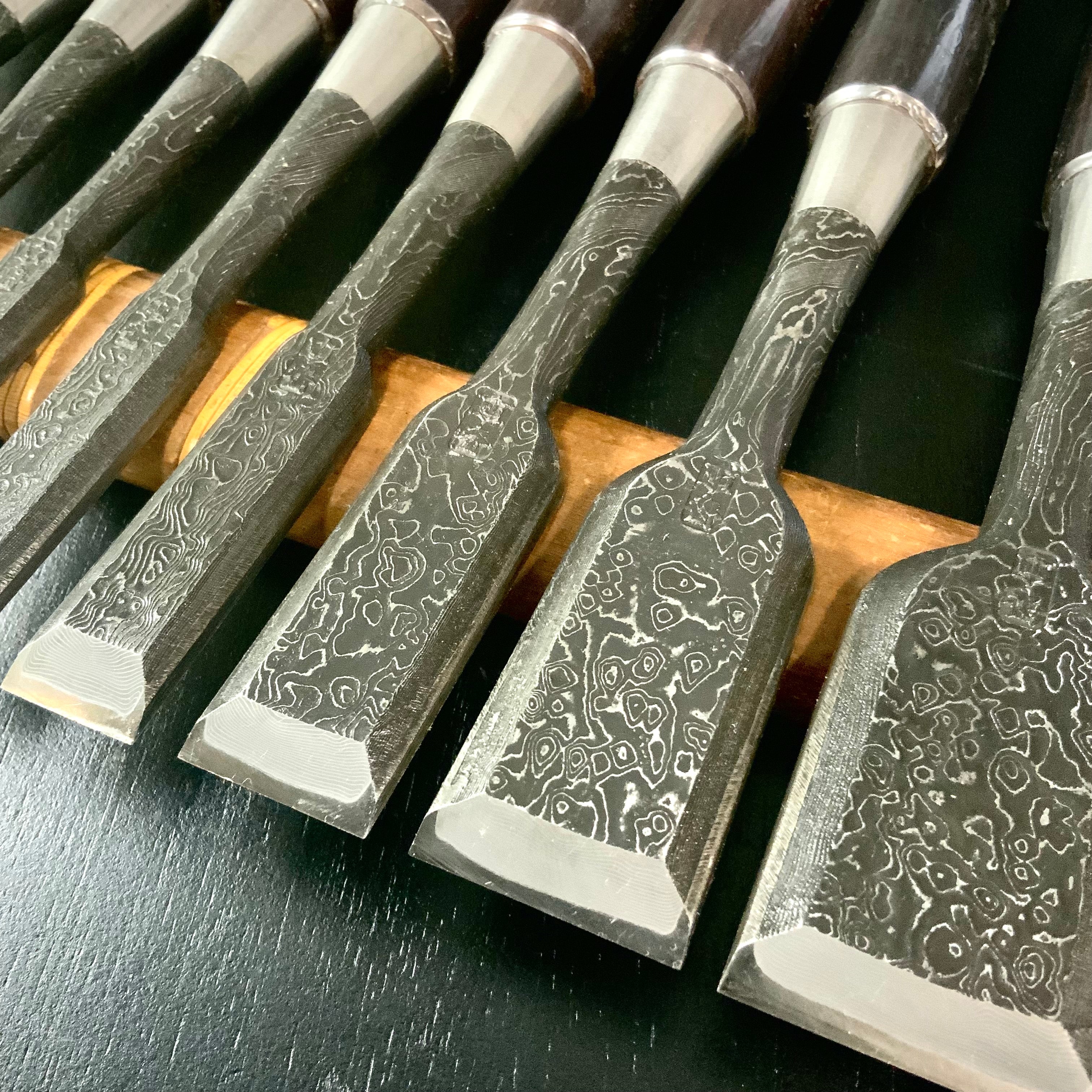 Tasai Mokume Special Bench chisels set with Rosewood handle 田斎作 木目造り 追入組鑿 10本組 紫檀柄