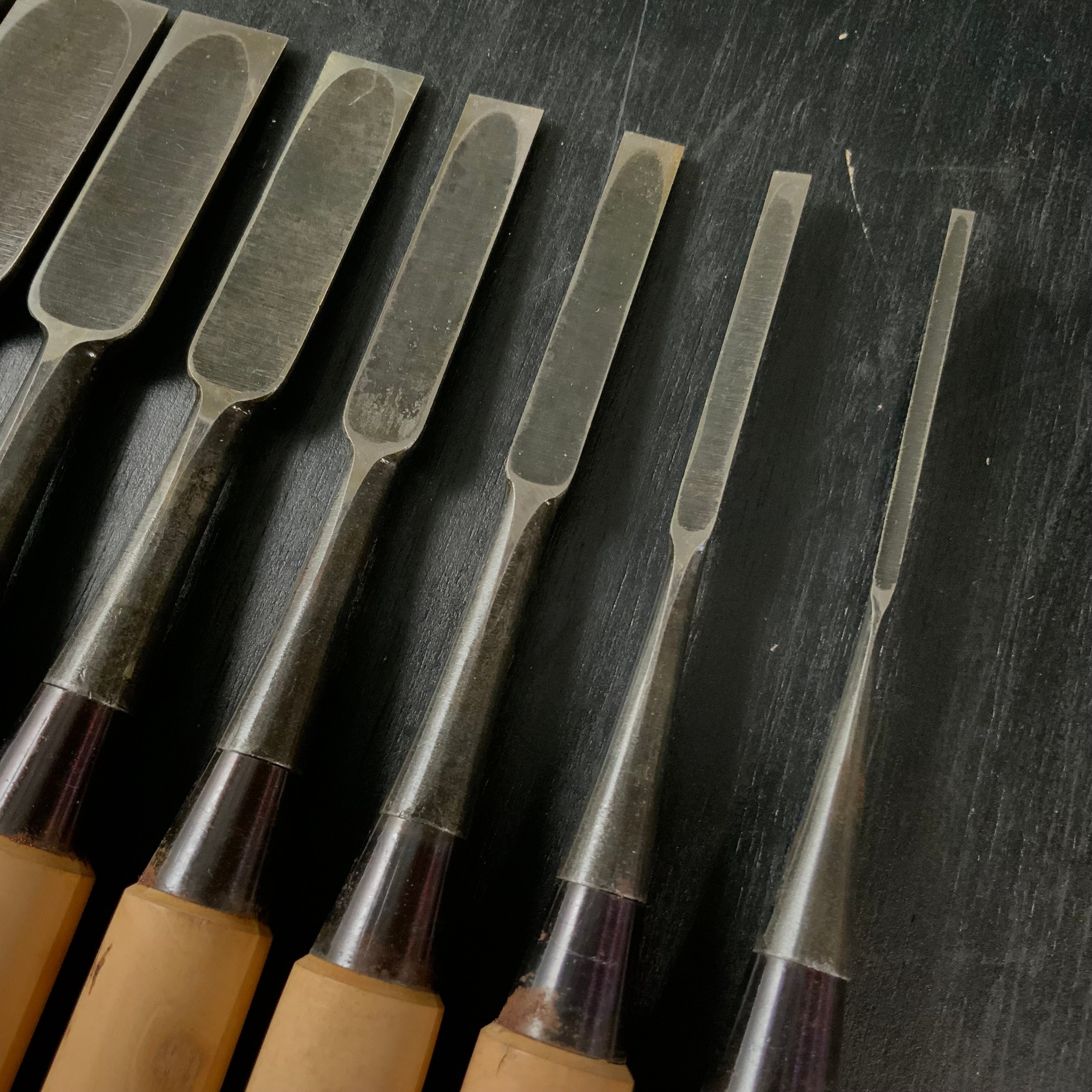 Old stock Oni-Ichimonji Bench chisels set 掘り出し物 鬼一文字 追入10本組鑿 Oiirenomi