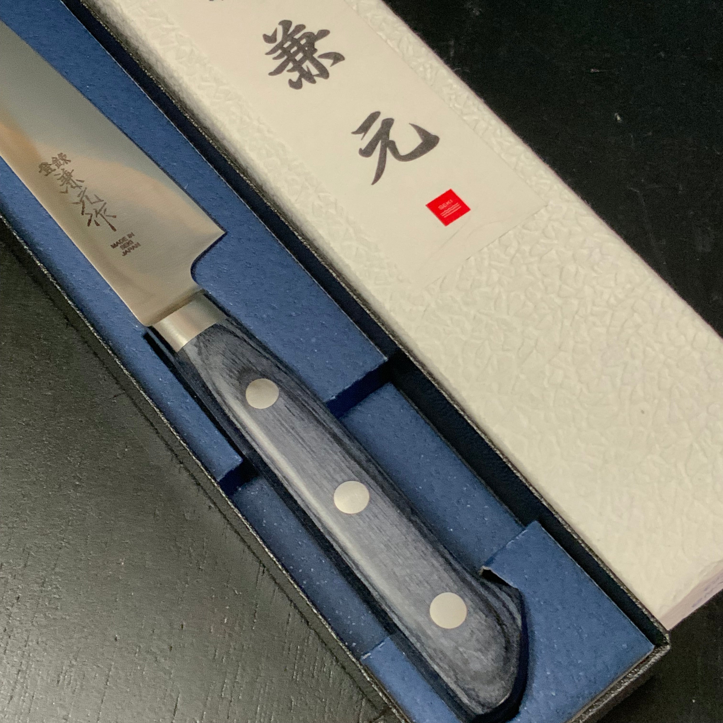 Kanemoto Kiritsuke Petit knife with molybdenum steel blue plywood 兼元作 モリブデン鋼 切付ペティナイフ 青合板 145mm
