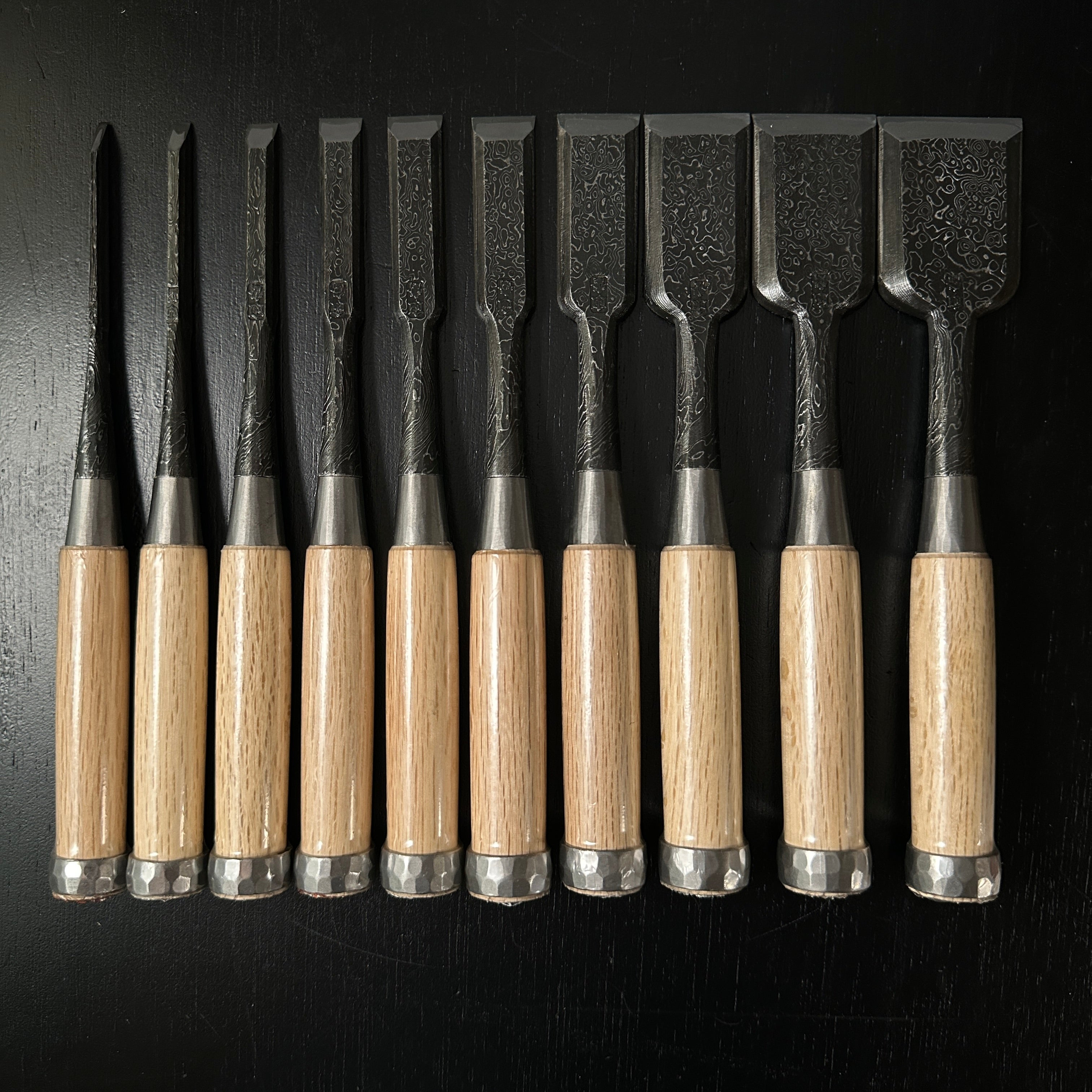Tasai Mokume Special Bench chisels set 田斎作 木目造り 追入組鑿 10本組 白樫柄