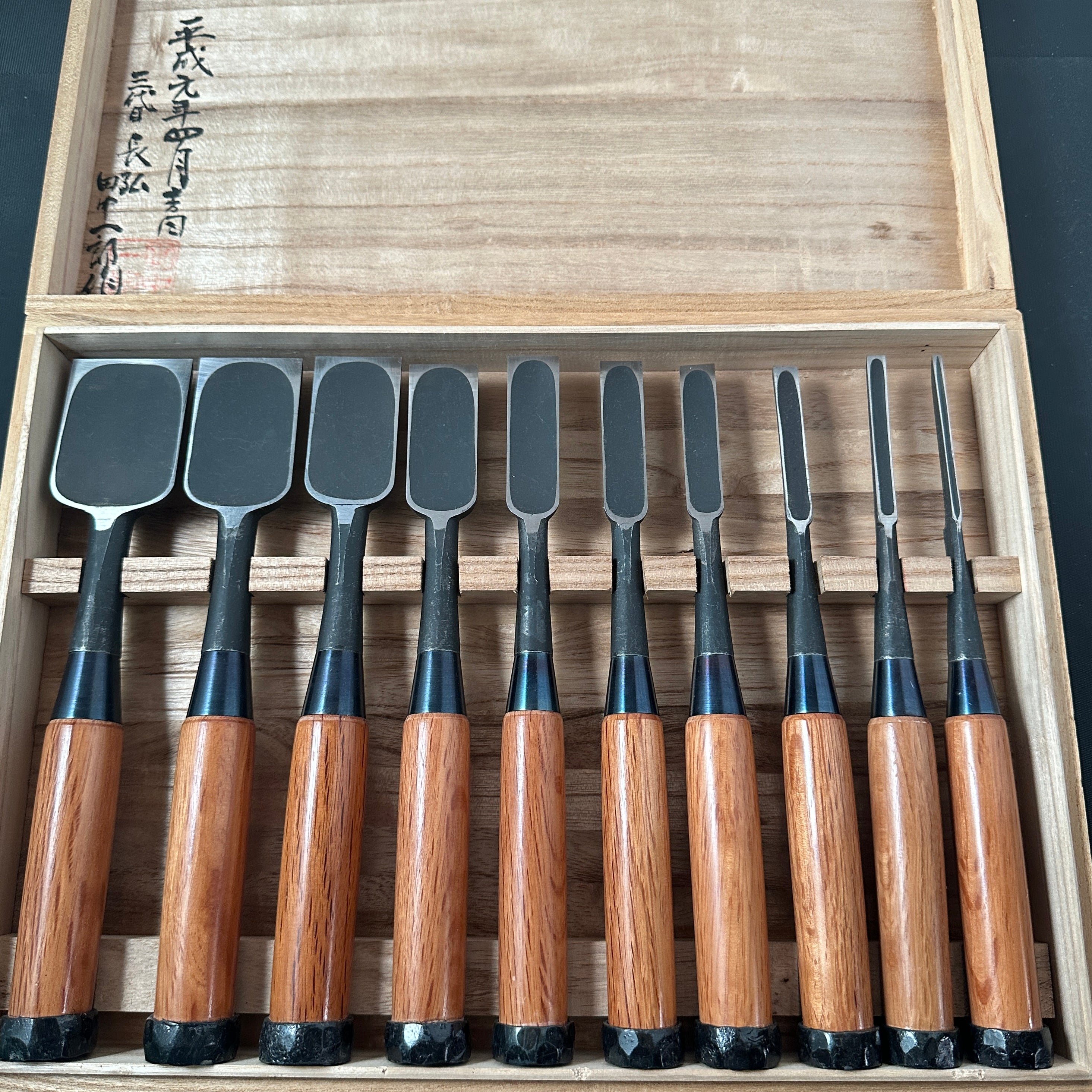 Old stock Osahiro (Nagahiro) Bench chisels set 掘出し物 長弘 追入組鑿 10本組 Oirenomi