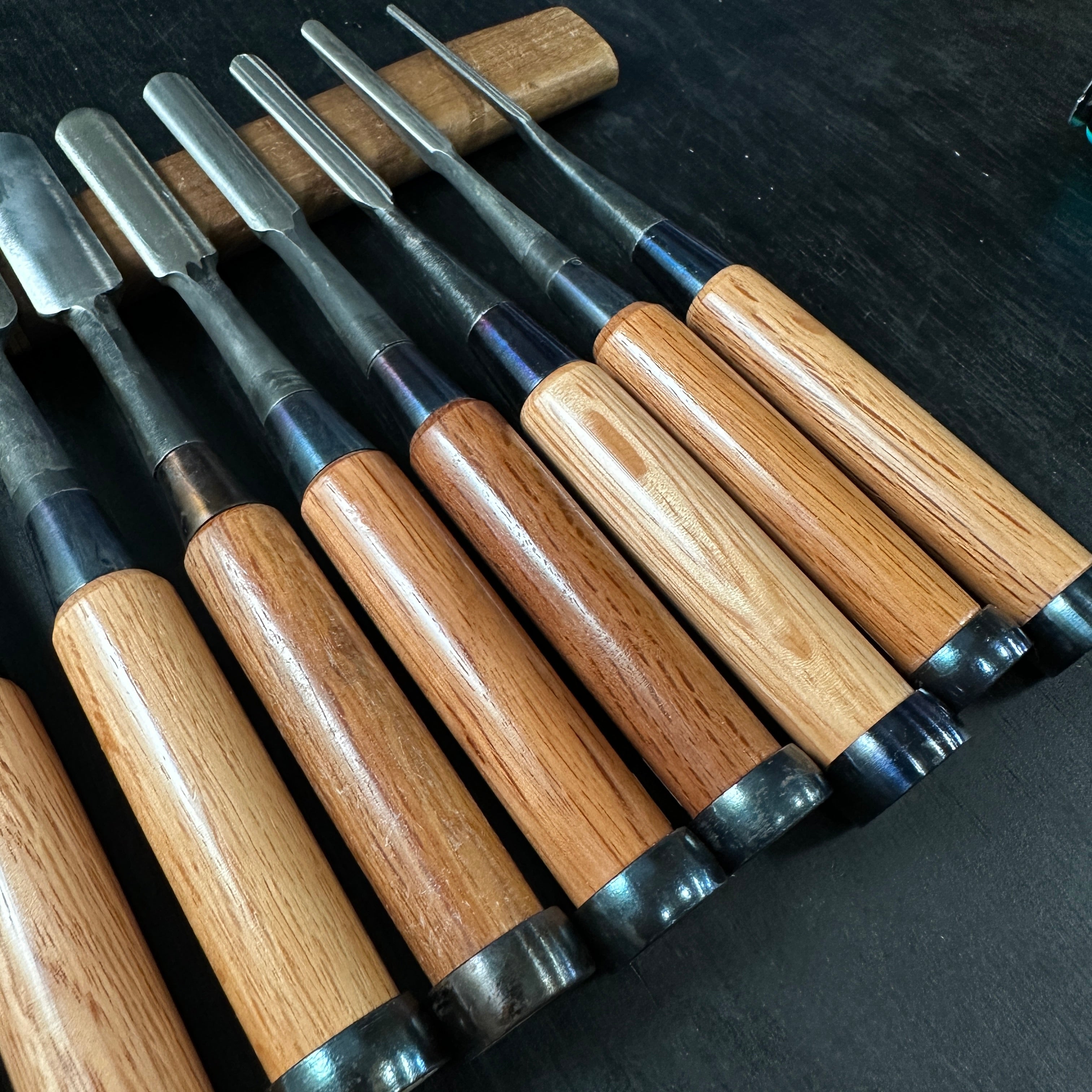 #16 Old stock Soto maru chisels set with white steel 掘出し物 外丸組鑿 10本組 Sotomarunomi