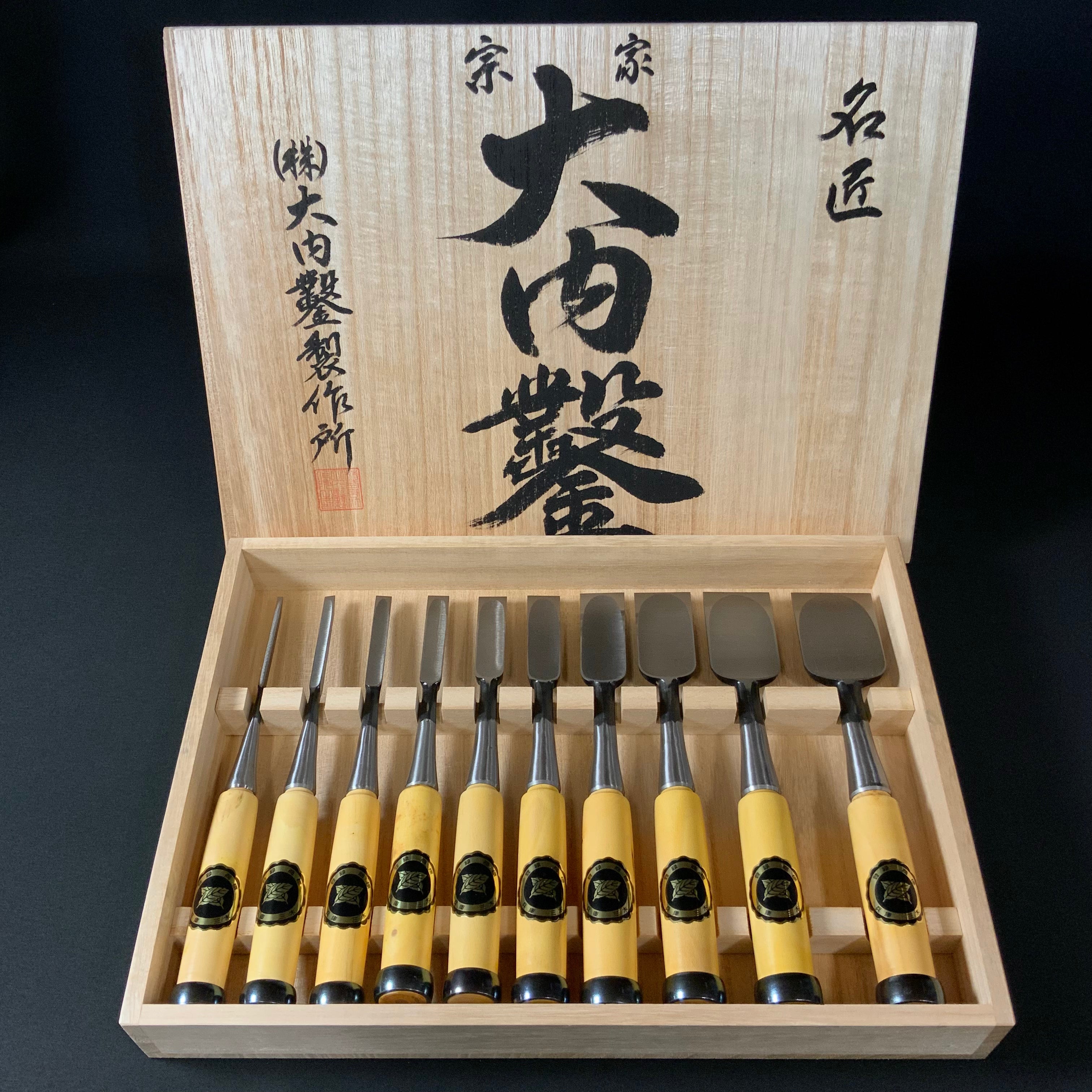 #5 Ouchi Bench chisels set Gumi Handle by Ouchi 4th generation 宗家大内 追入組鑿 グミ柄 桐箱付 四代目大内俊明作