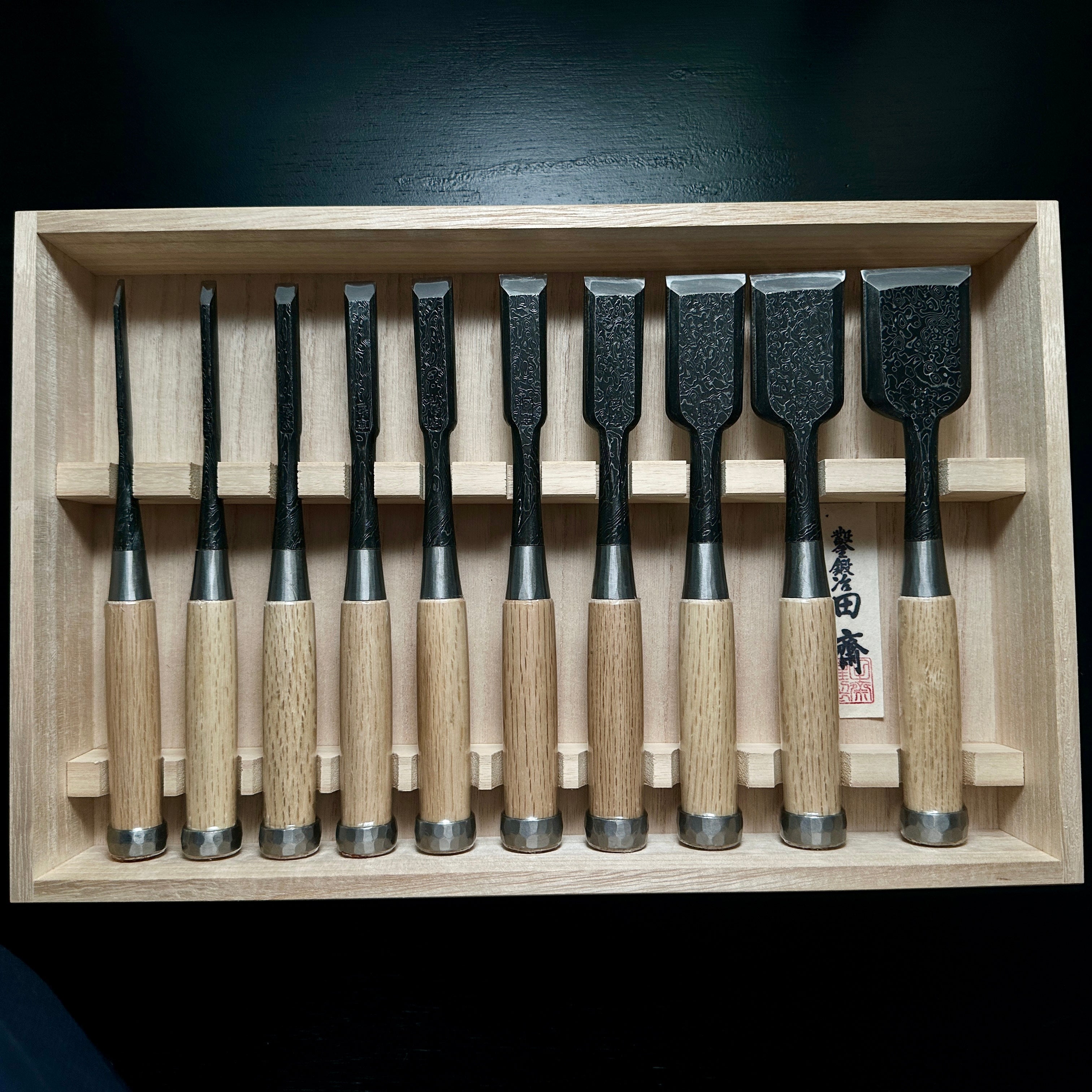 Tasai Mokume Special Bench chisels set 田斎作 木目造り 追入組鑿 10本組 白樫柄
