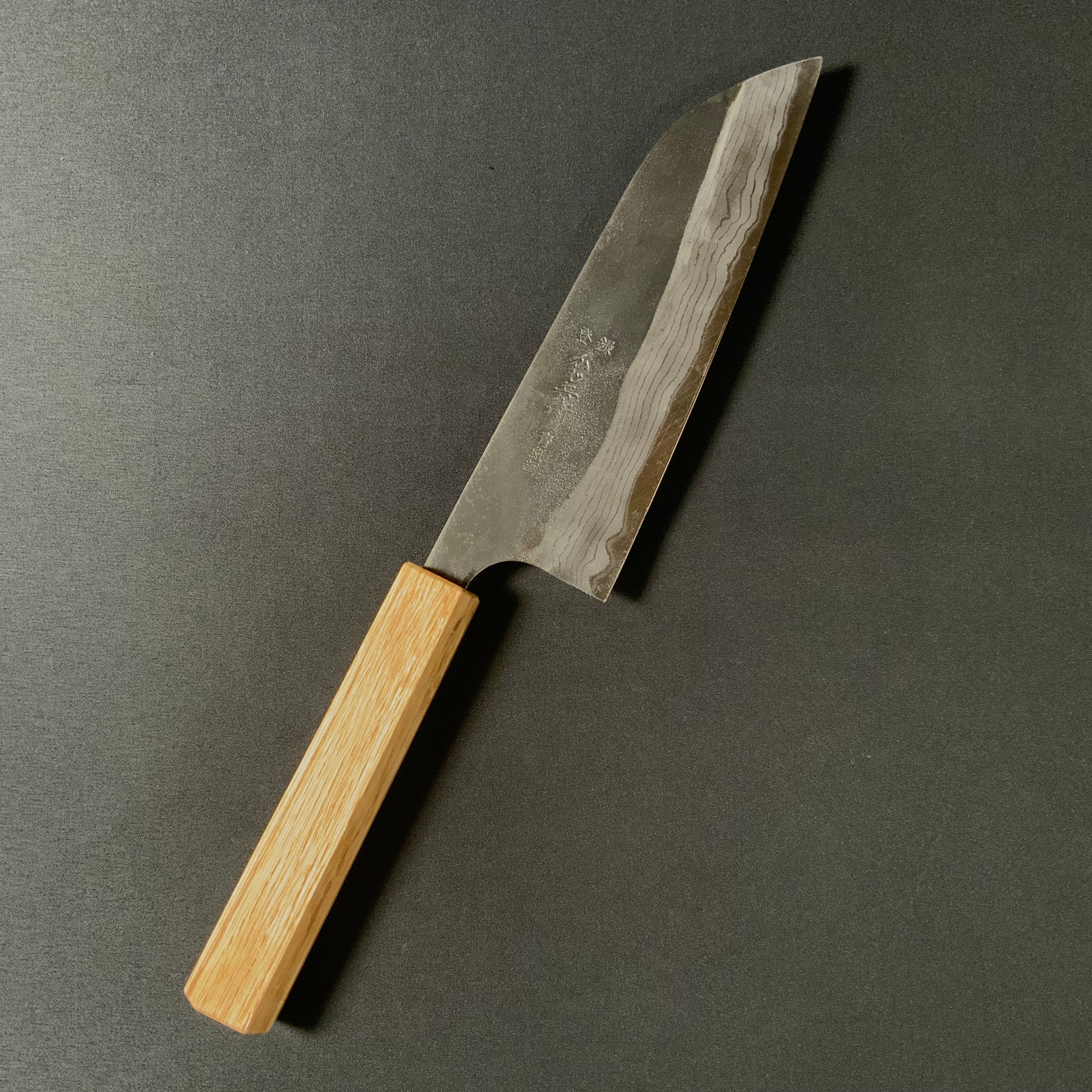 Hand made Kajihei Santoku Kitchen Knife with Blue steel かじ兵衛 青紙鋼 墨流し 三徳包丁 八角樫柄 165mm