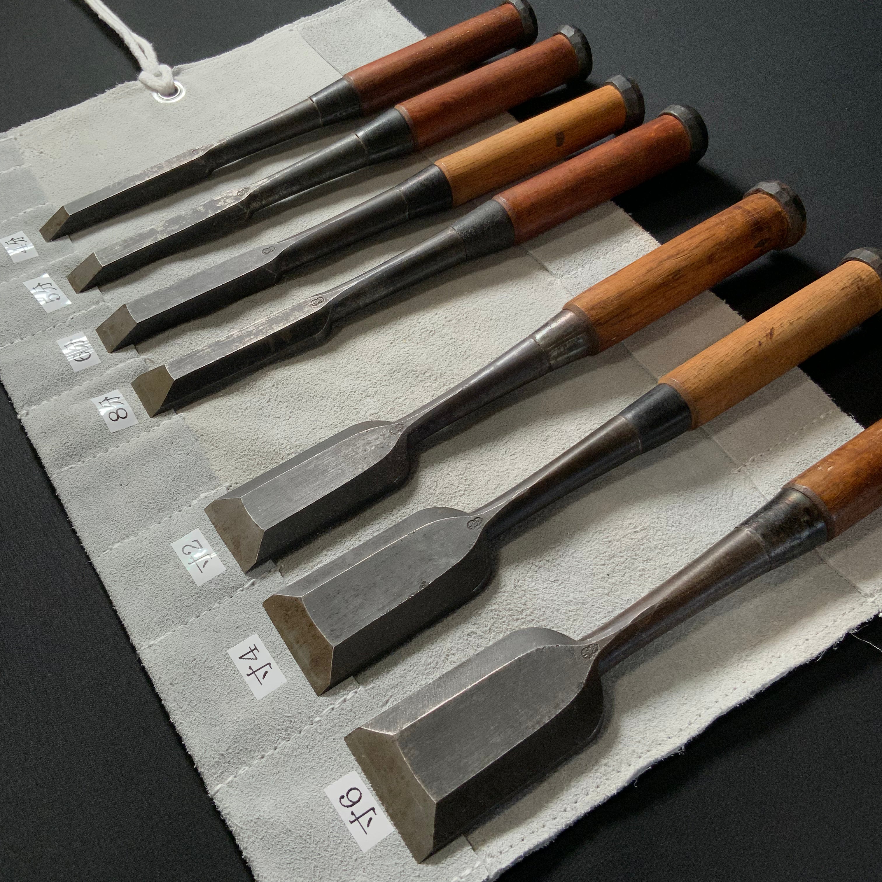 掘出し物 二代目左久作 叩き鑿7本組 池上喬庸作 Old stock Hidari Hisasaku 2rd Timber chisels set 7pc by Ikegami Takanobu Tatakinomi
