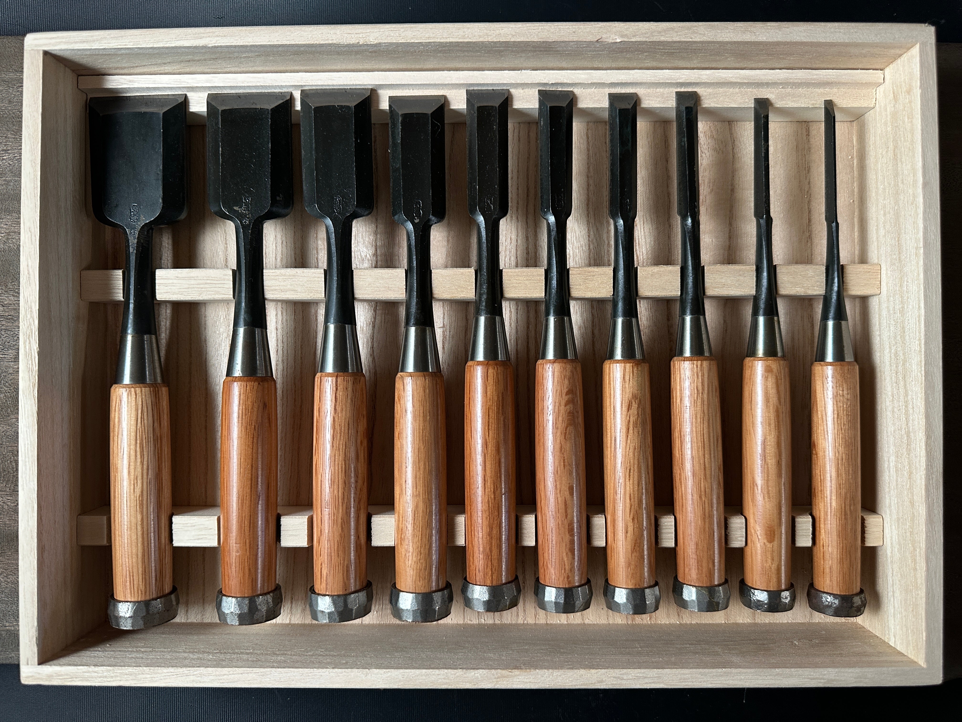 Old stock Hidari Ichihiro Second Generation Bench chisels set 掘出し物 二代目 左市弘 山崎勇作 追入組鑿 Oirenomi