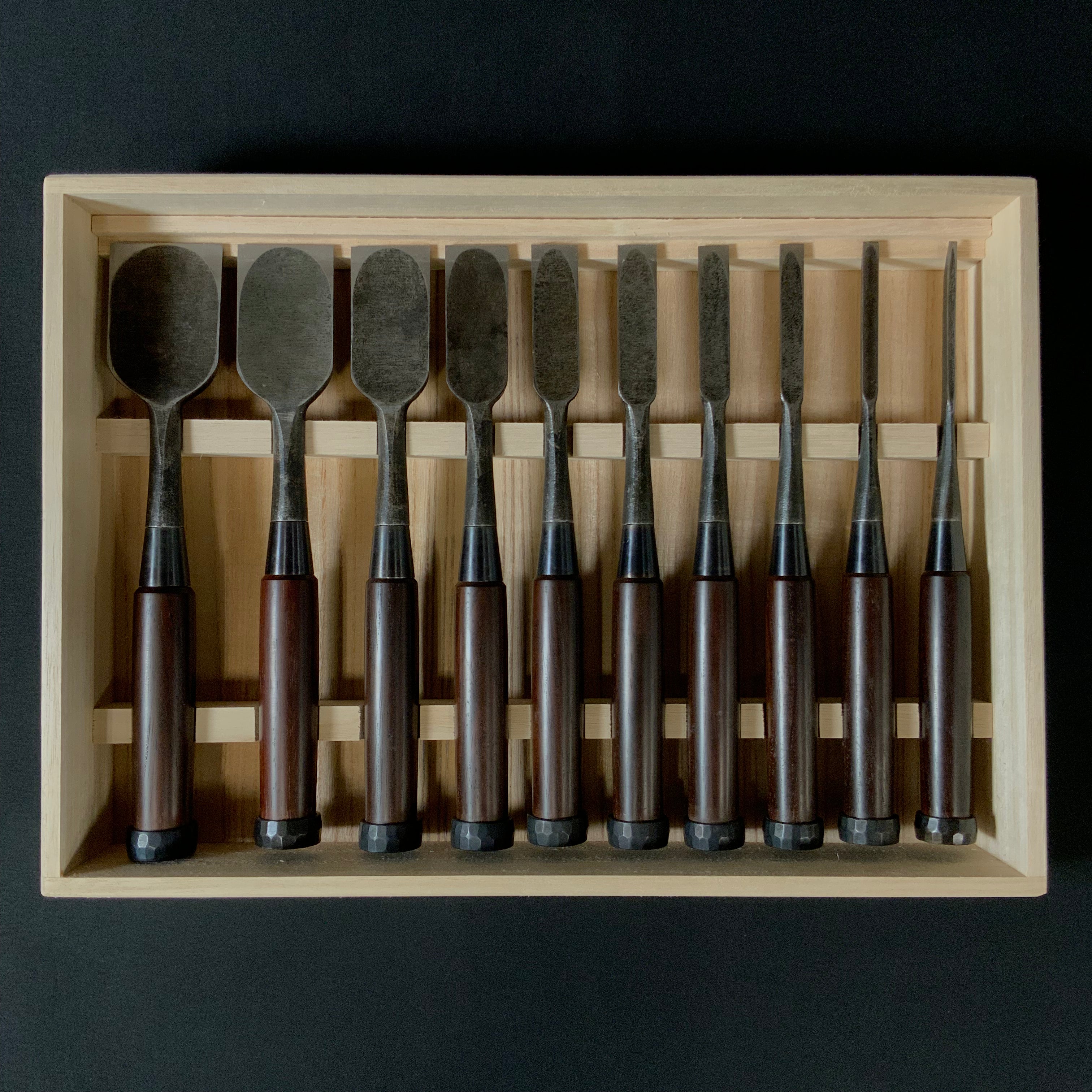 Kanetake Bench chisels set with RoseWood Handle by Takahashi Norikazu 高橋典三作 カネ武 追入組鑿 紫檀柄 Oirenomi