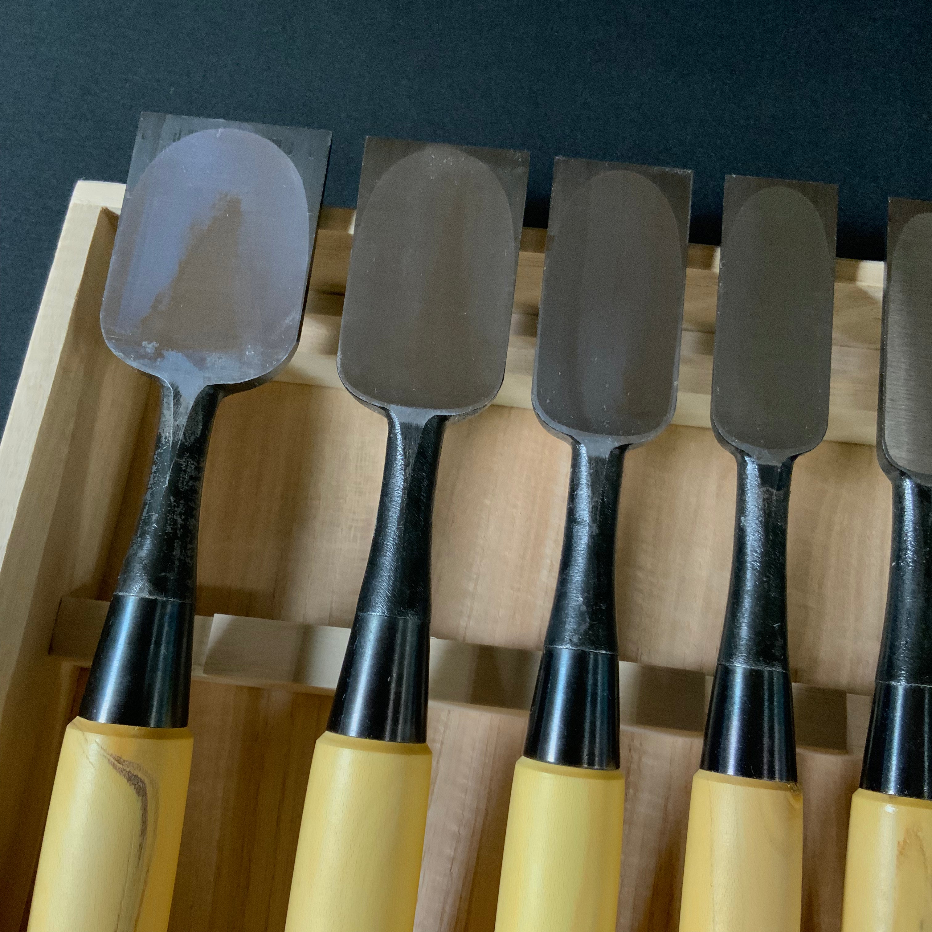 Ouchi Bench chisels set by Ouchi 4th generation with gumi handle (oleaster) 四代目大内俊明作 宗家大内 追入組鑿 グミ柄 桐箱付 Oirenomi