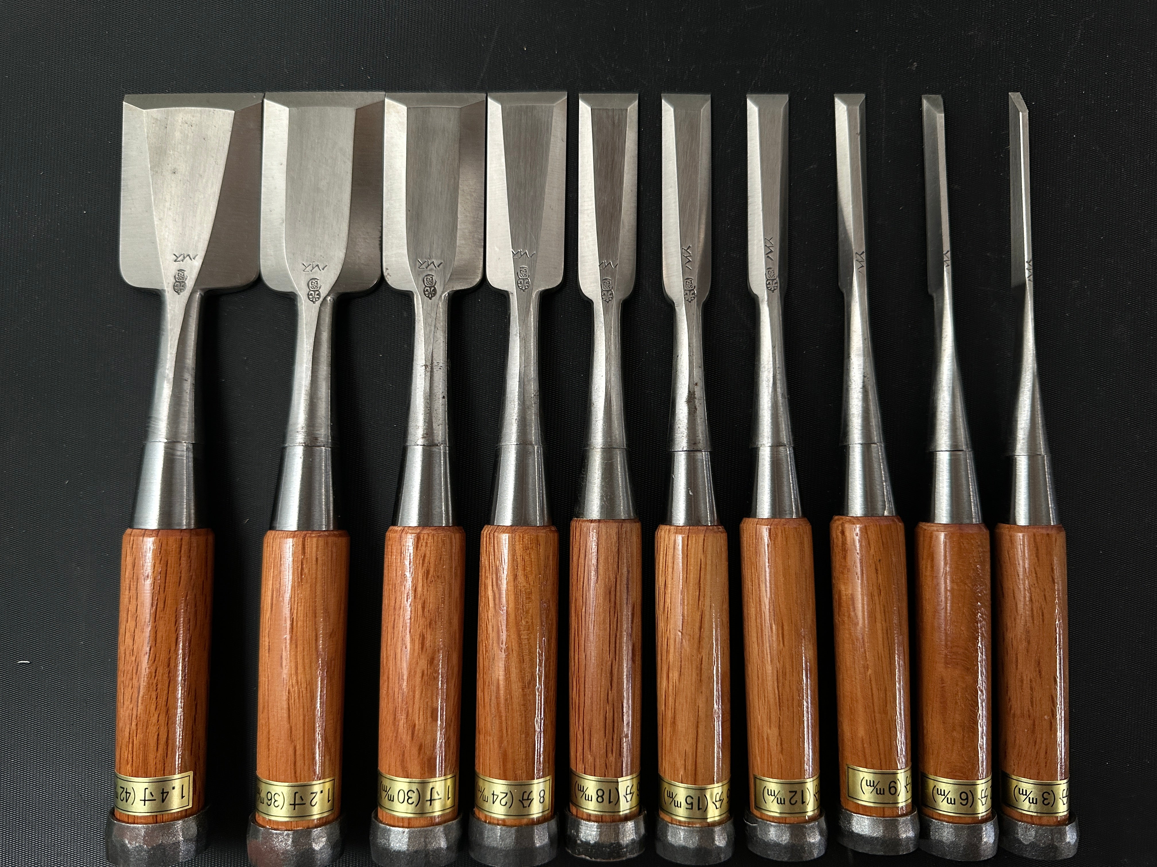 Old stock #3 Wholesaler stamp Mitsukuni Sukemaru 4th High-Speed Steel Bench chisels set 掘出し物 四代助丸 問屋銘 ハイス鋼追入組鑿 Oirenomi