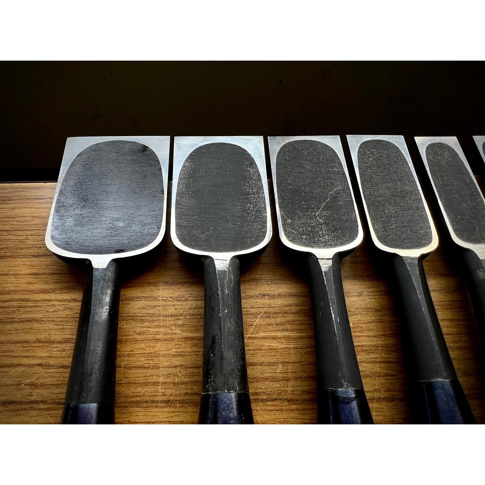 Old Stock Hidari Ichihiro Bench chisels set by Ichihiro 3rd Generations 掘出し物  左市弘10本組 追入組鑿 黄楊柄 Oirenomi