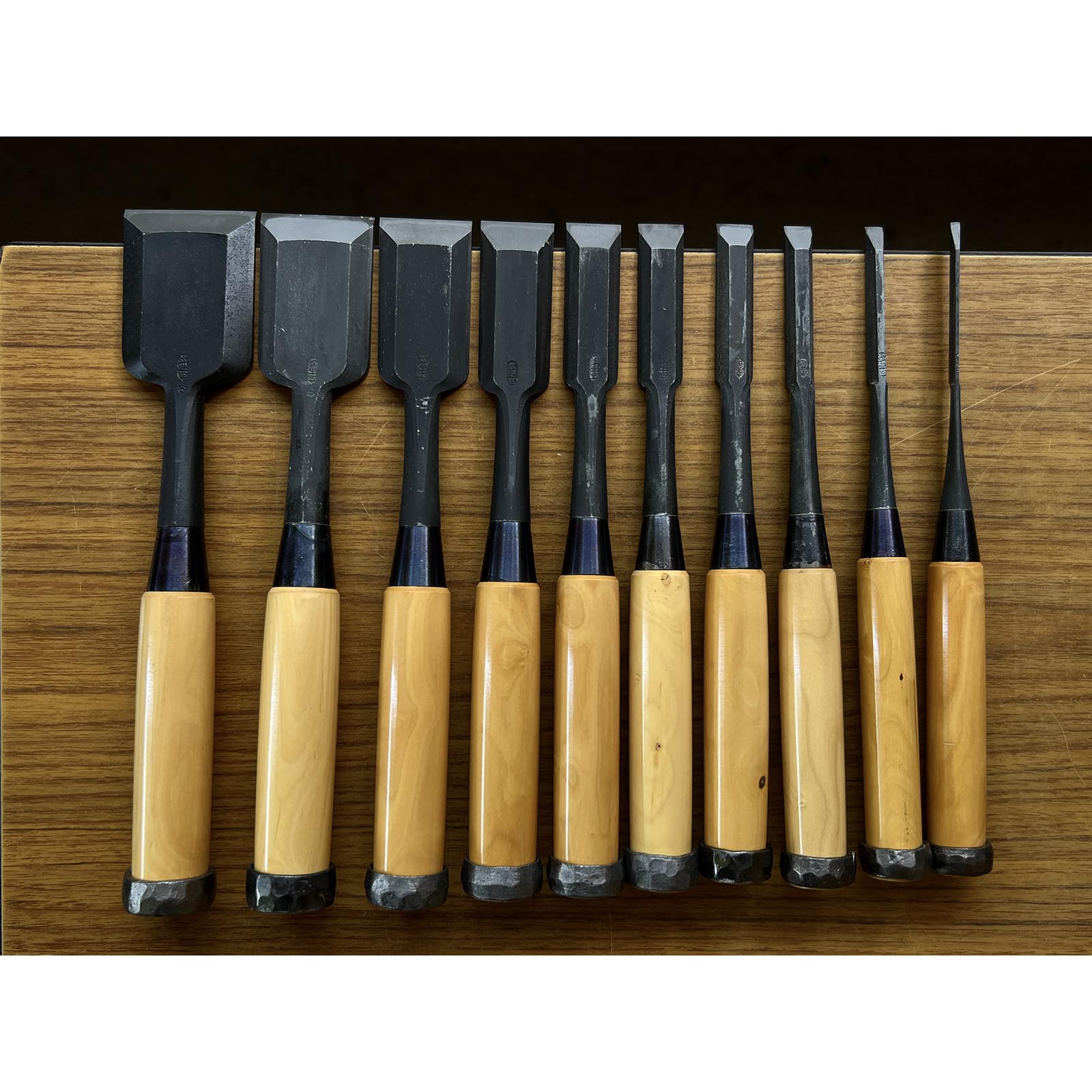 Old Stock Hidari Ichihiro Bench chisels set by Ichihiro 3rd Generations 掘出し物  左市弘10本組 追入組鑿 黄楊柄 Oirenomi