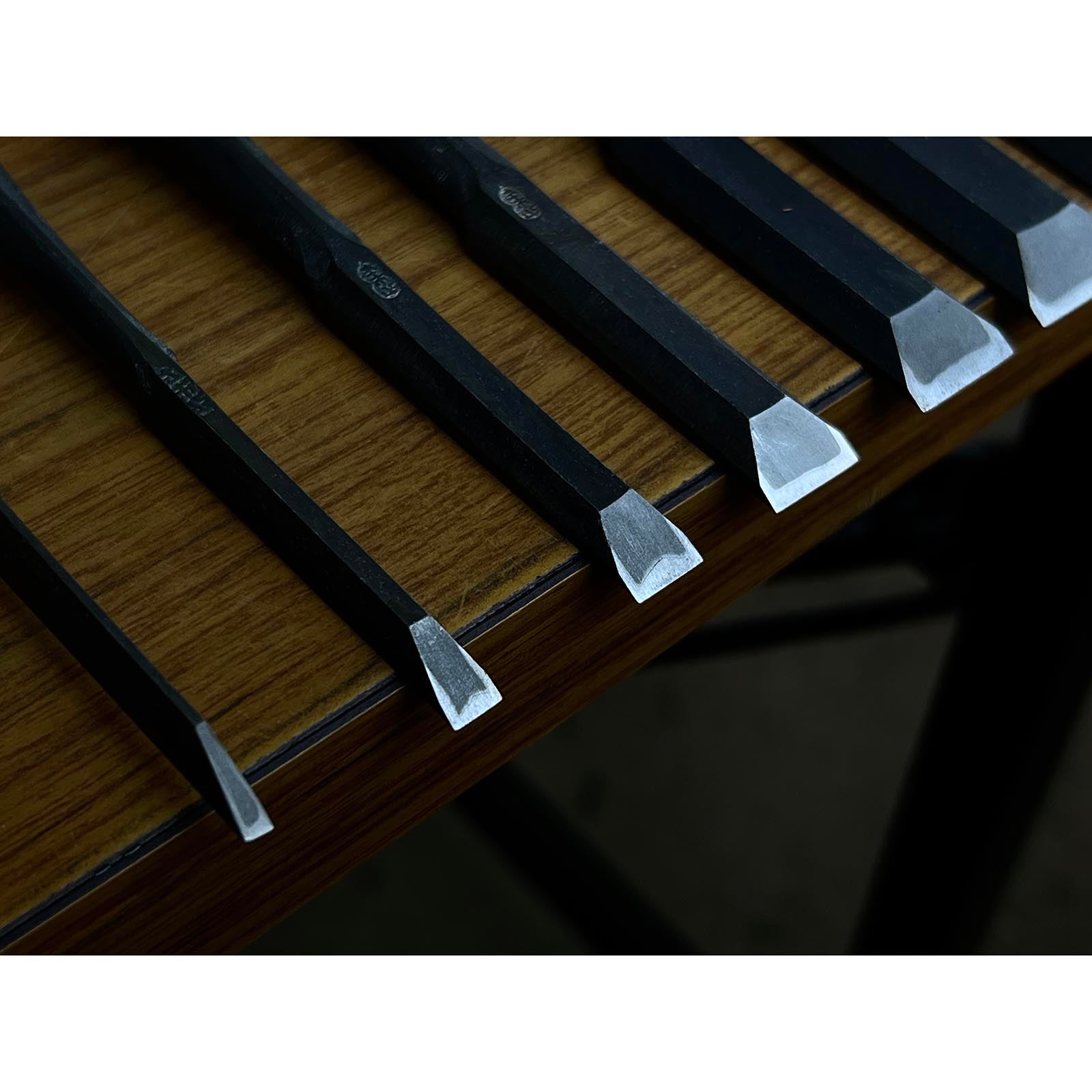 Old Stock Hidari Ichihiro Bench chisels set by Ichihiro 3rd Generations 掘出し物  左市弘10本組 追入組鑿 黄楊柄 Oirenomi