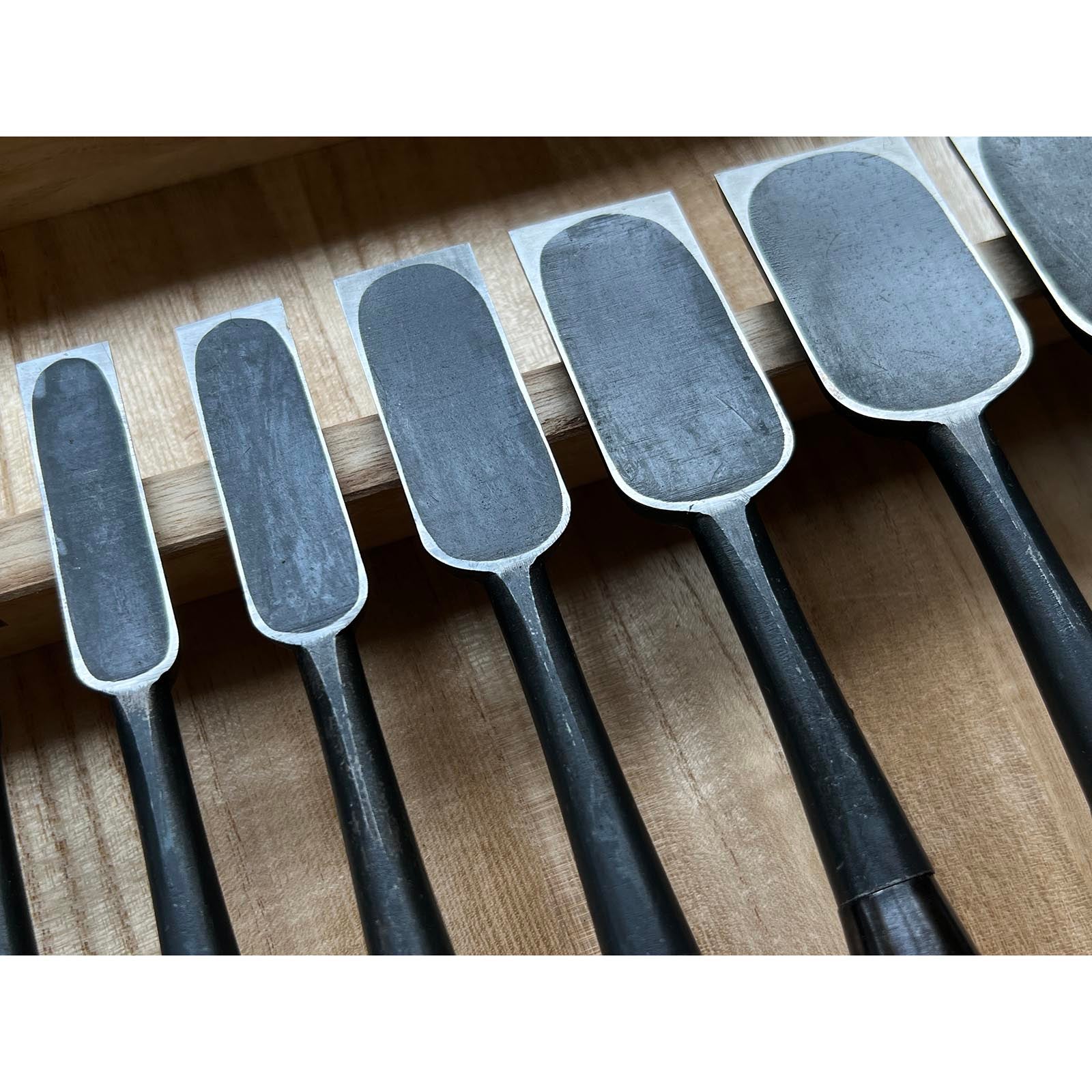 Old stock Osahiro (Nagahiro) Long neck Bench chisels set 掘出し物 長弘 五分首長 追入組鑿 10本組 黄楊柄 Oirenomi