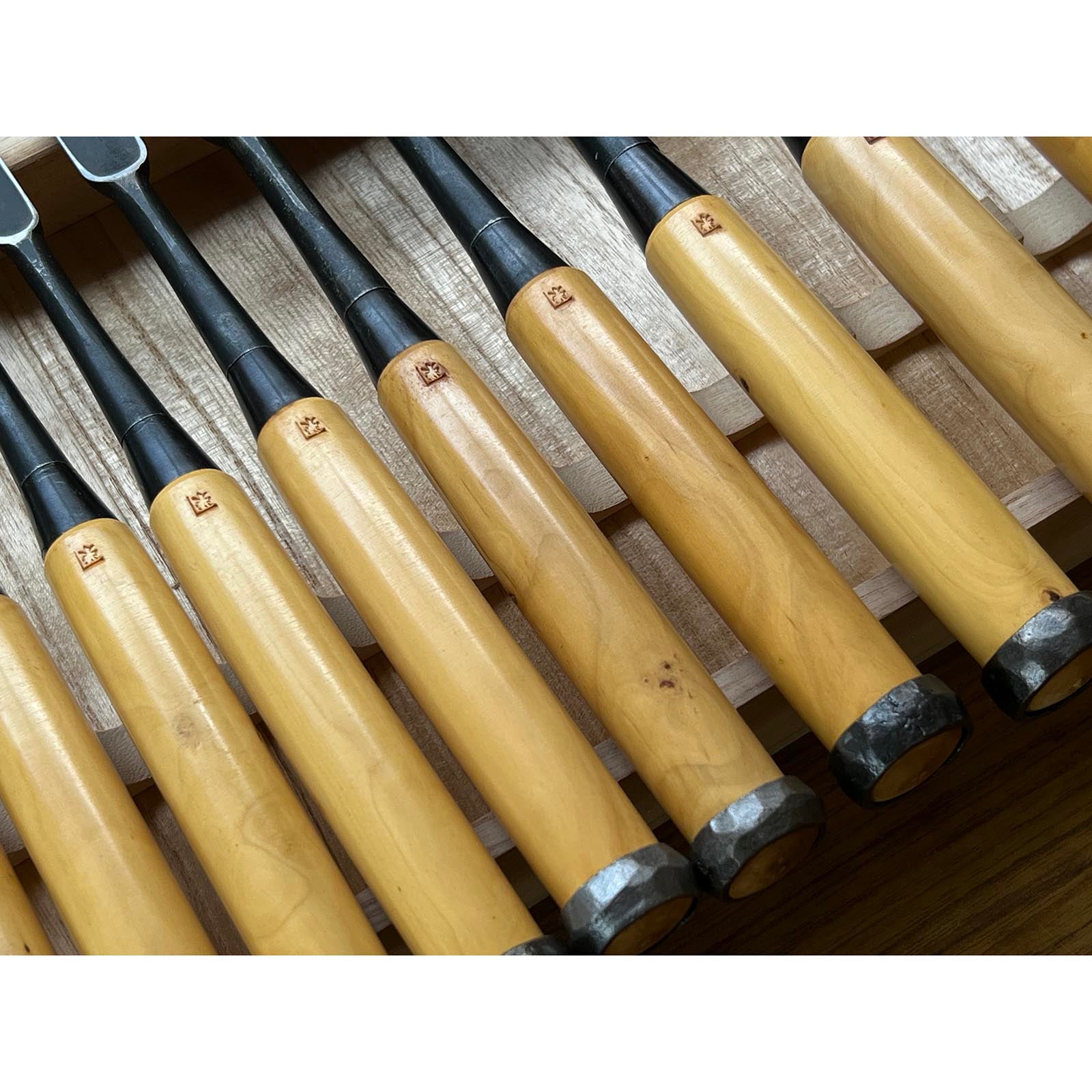 Old stock Osahiro (Nagahiro) Long neck Bench chisels set 掘出し物 長弘 五分首長 追入組鑿 10本組 黄楊柄 Oirenomi