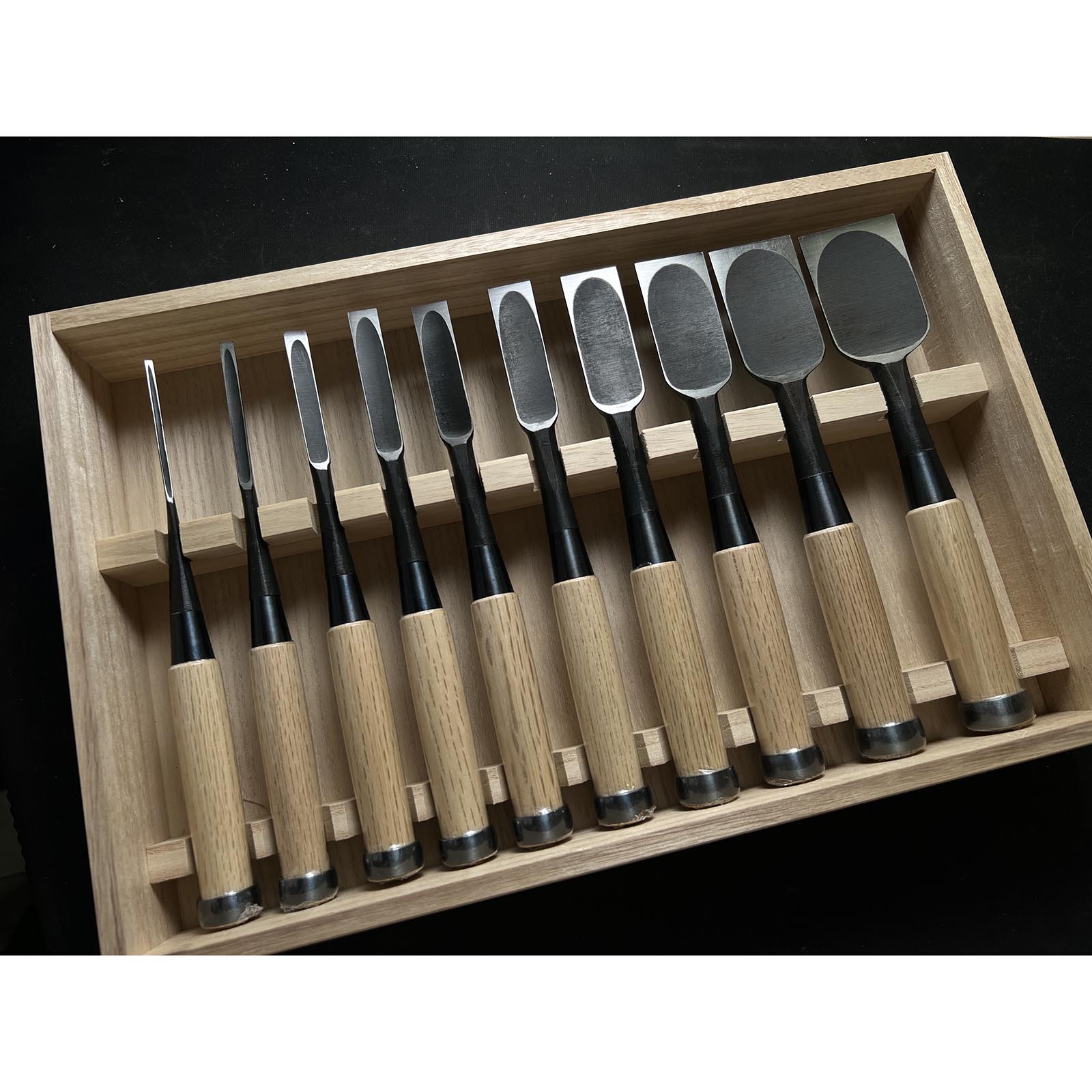 Tasai Fusetsu Bench chisels set (Oirenomi) with wooden box 田斎風雪作 追入組鑿 桐箱付