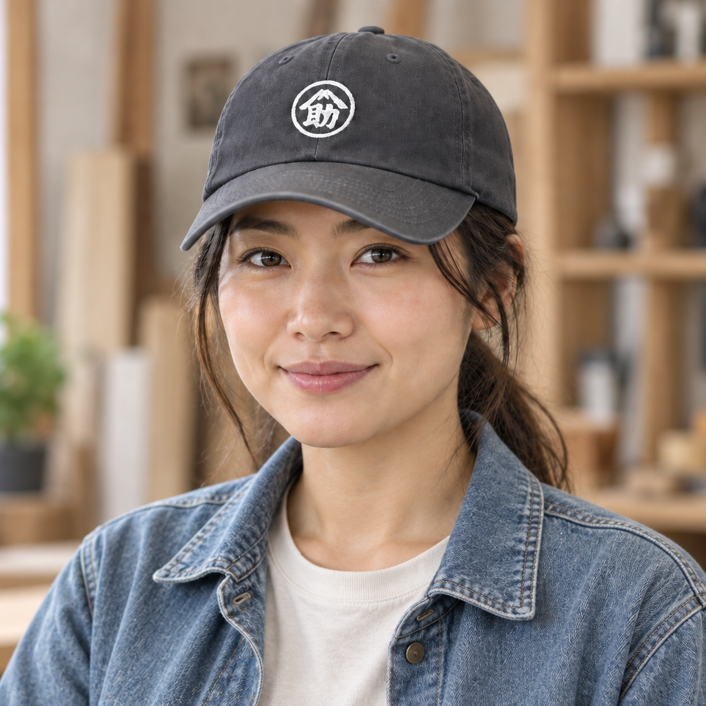 カジュアルな服装の女性が帽子を着用したカタログ画像