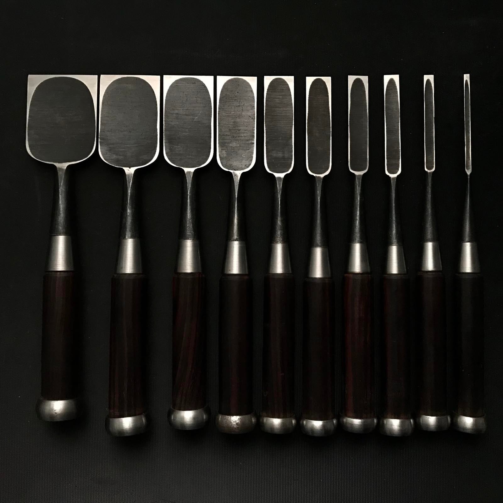 Old stock Mitsuhiro Bench chisels set  掘出し物 光弘 黒檀柄 追入10本組鑿 Oirenomi