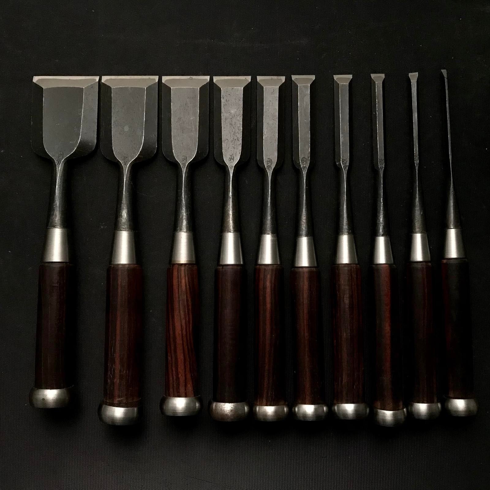 Old stock Mitsuhiro Bench chisels set  掘出し物 光弘 黒檀柄 追入10本組鑿 Oirenomi