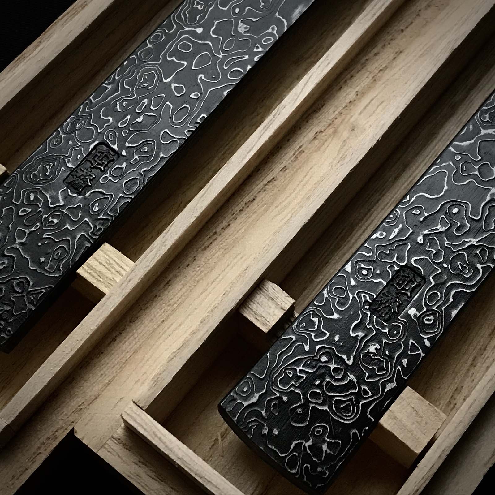 Tasai Kiridashi Knives Damascus Right & Left 田斎作 切出し小刀 天杢模様 左右 21mm