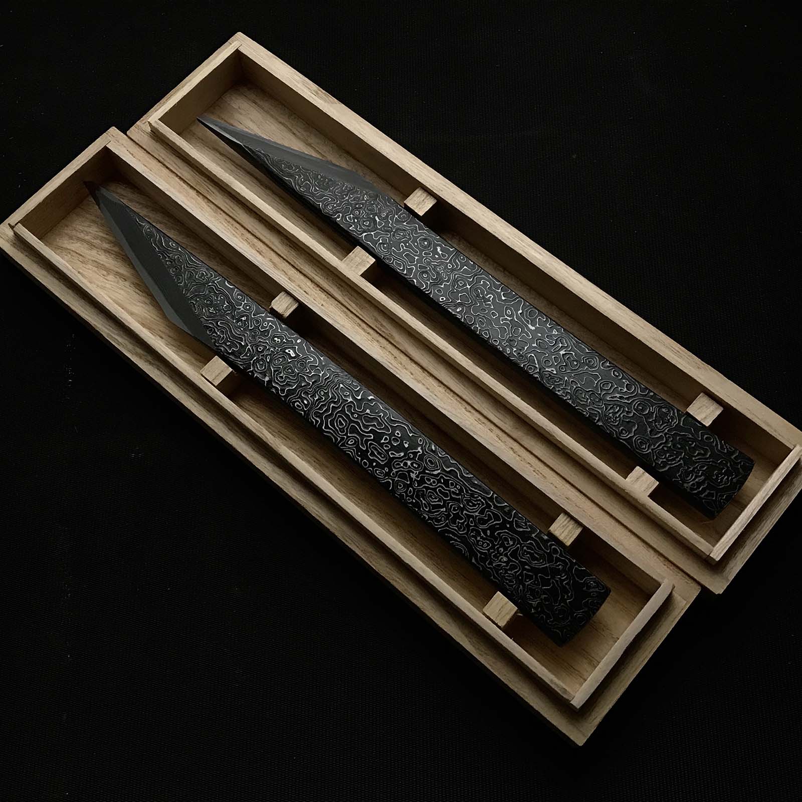 Tasai Kiridashi Knives Damascus Right & Left 田斎作 切出し小刀 天杢模様 左右 21mm