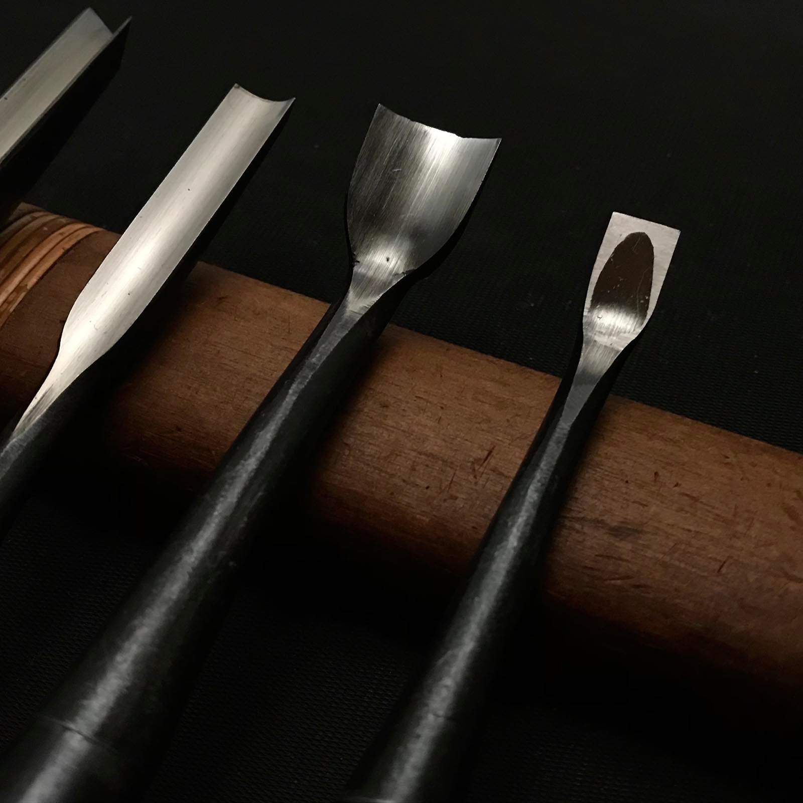Old stock Carving chisels set with Blue steel 掘出し物 彫刻組鑿 5本