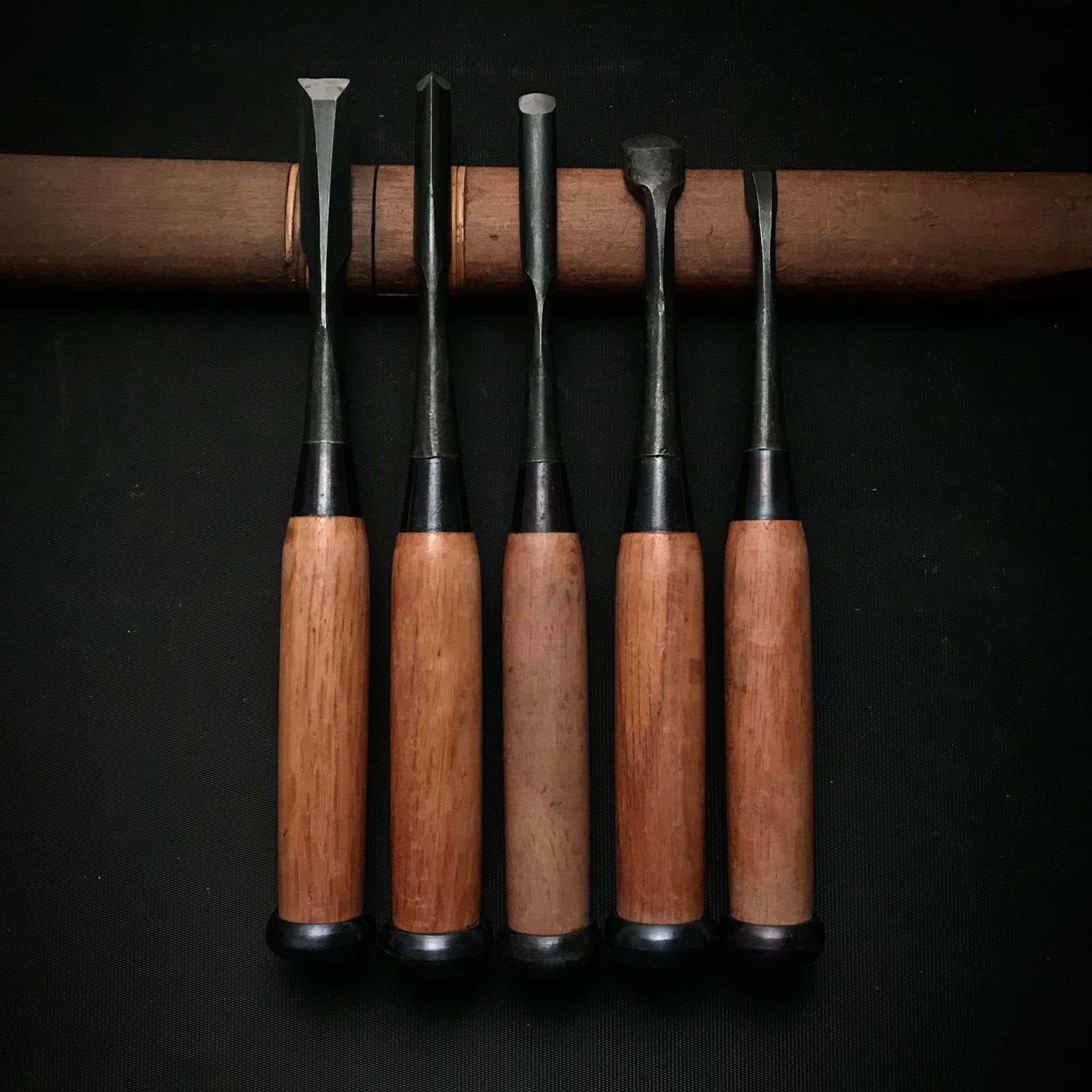 Old stock Carving chisels set with Blue steel 掘出し物 彫刻組鑿 5本