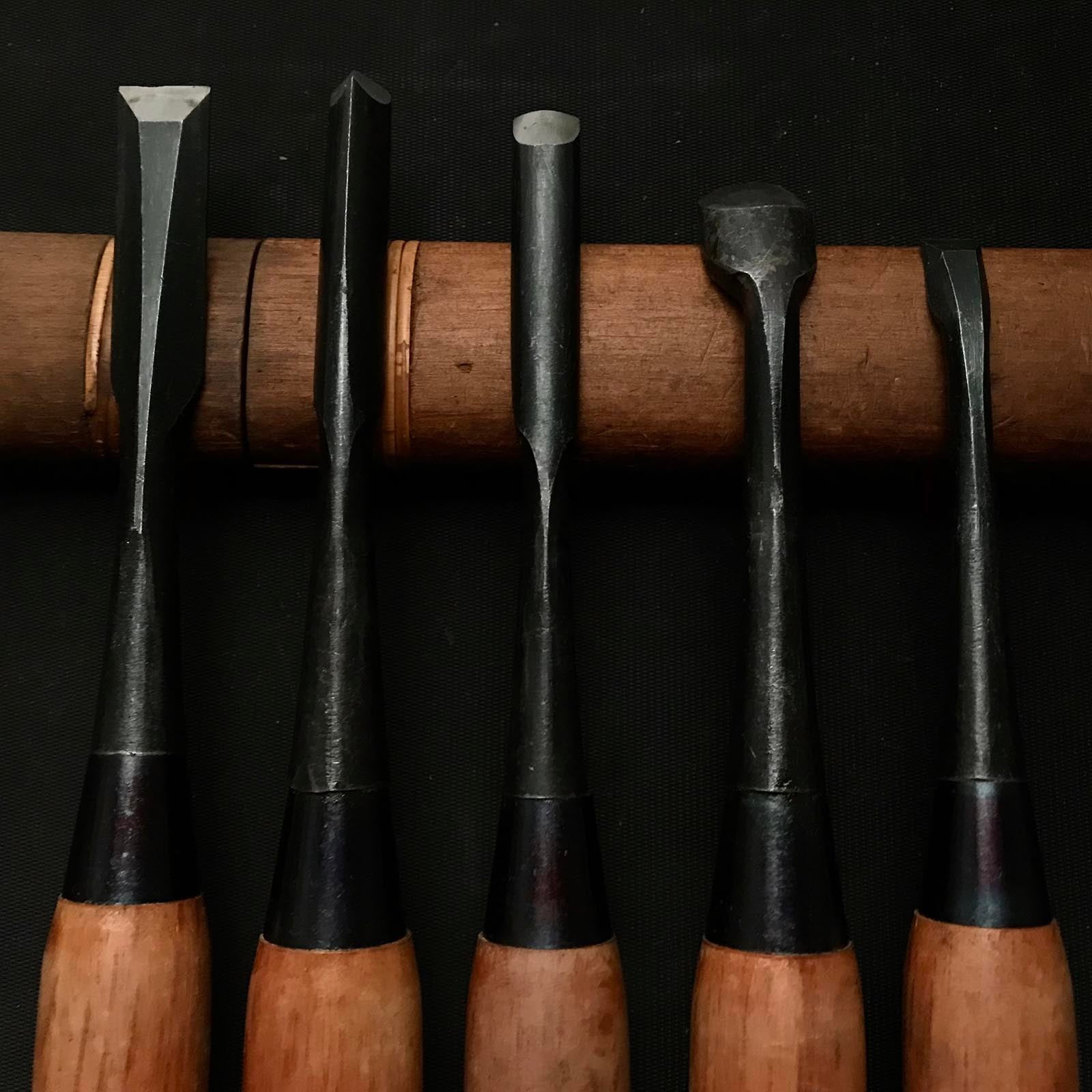 Old stock Carving chisels set with Blue steel 掘出し物 彫刻組鑿 5本