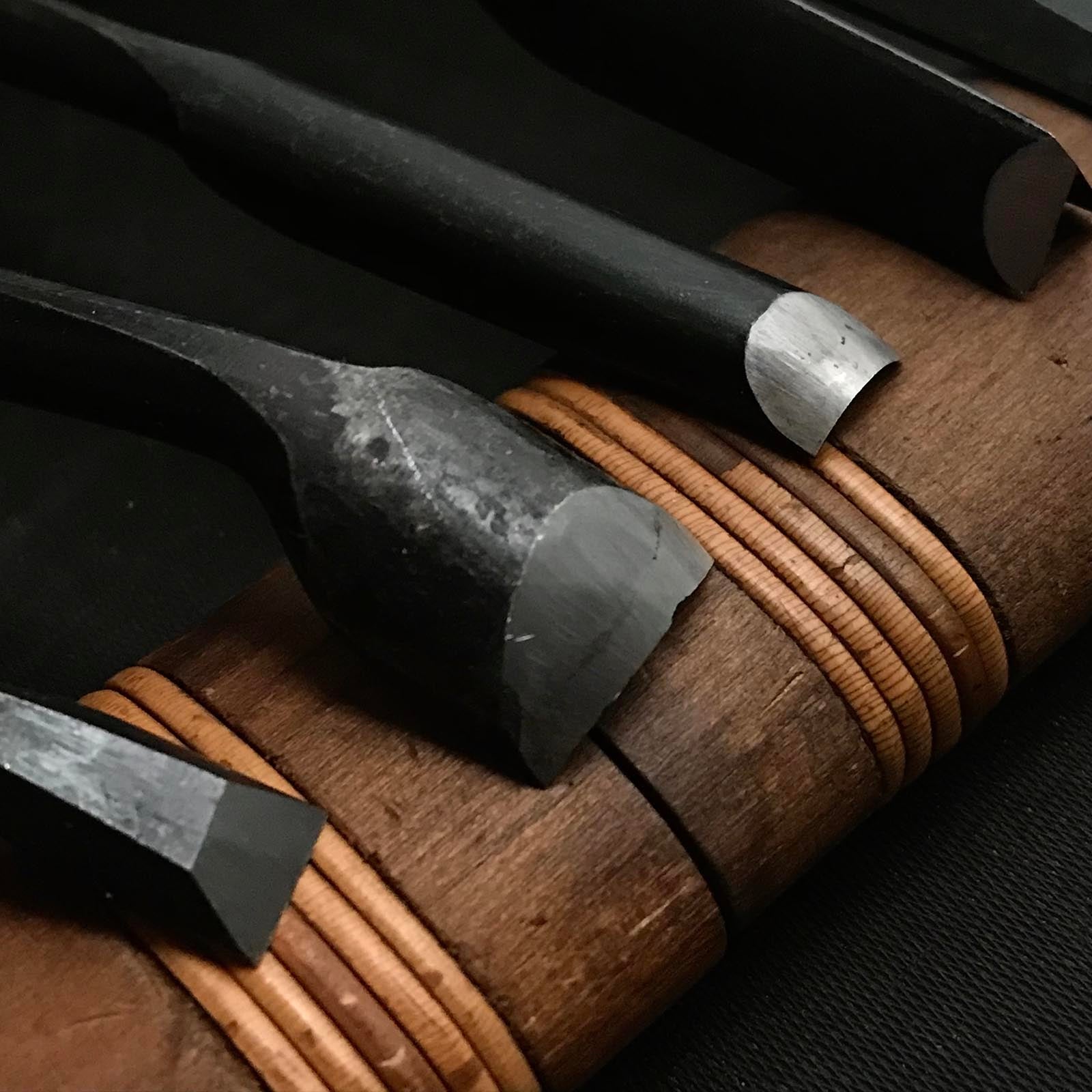 Old stock Carving chisels set with Blue steel 掘出し物 彫刻組鑿 5本