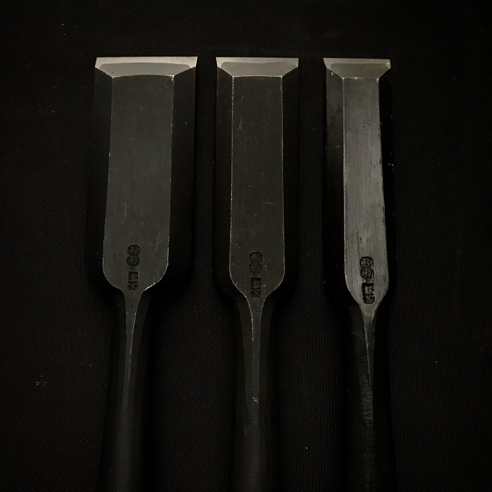 Old stock Tasai timber chisels with blue steel 掘出し物 田斎作 叩鑿 36mm 30mm 24mm