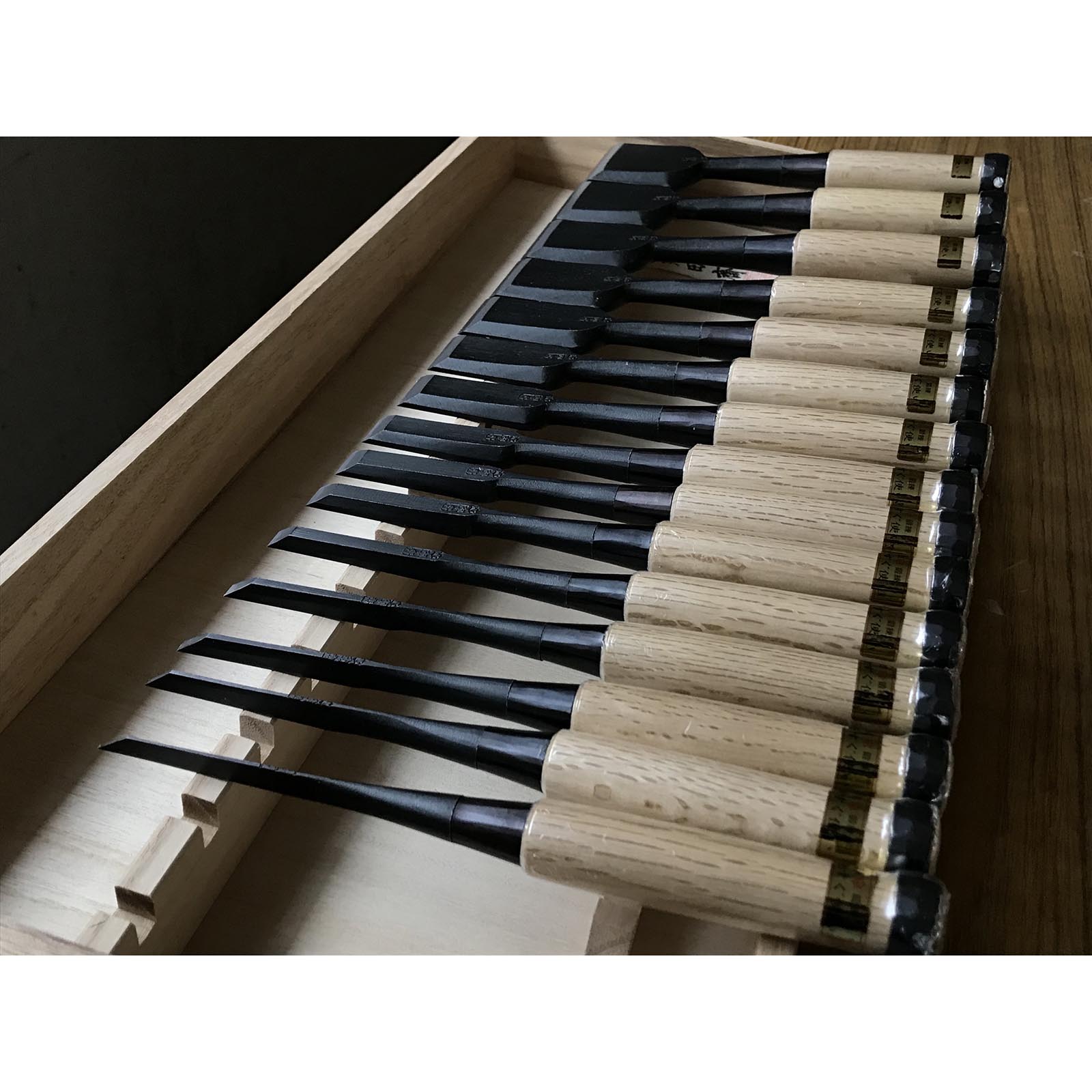 Tasai Bench chisels set with blue steel Oirenomi 田斎作 黒仕上 追入組鑿 15本组