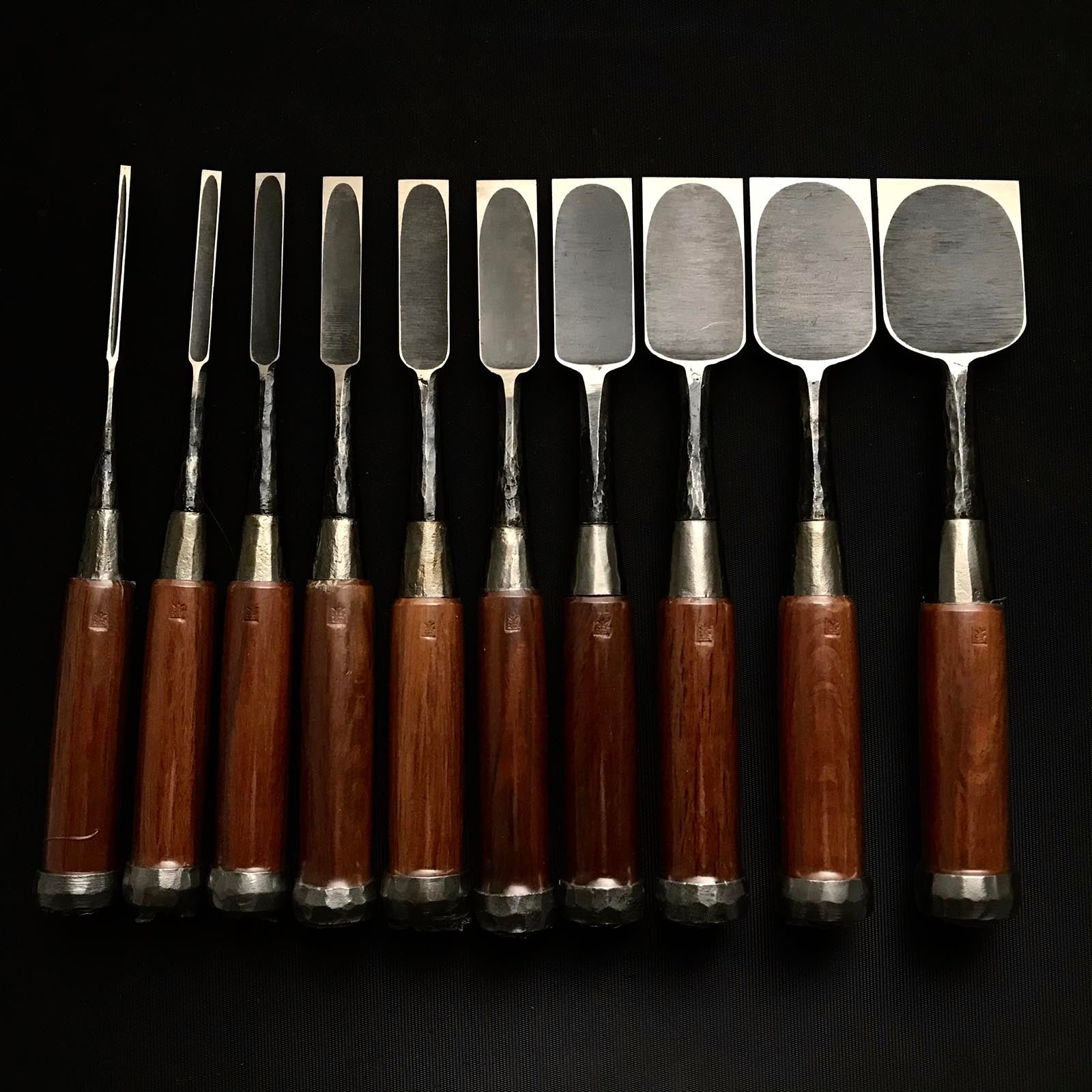 Kunikei 3rd Bench chisels set by Ikeda Yoshiro 池田慶郎氏 三代目国慶作 槌目 追入組鑿 Oirenomi