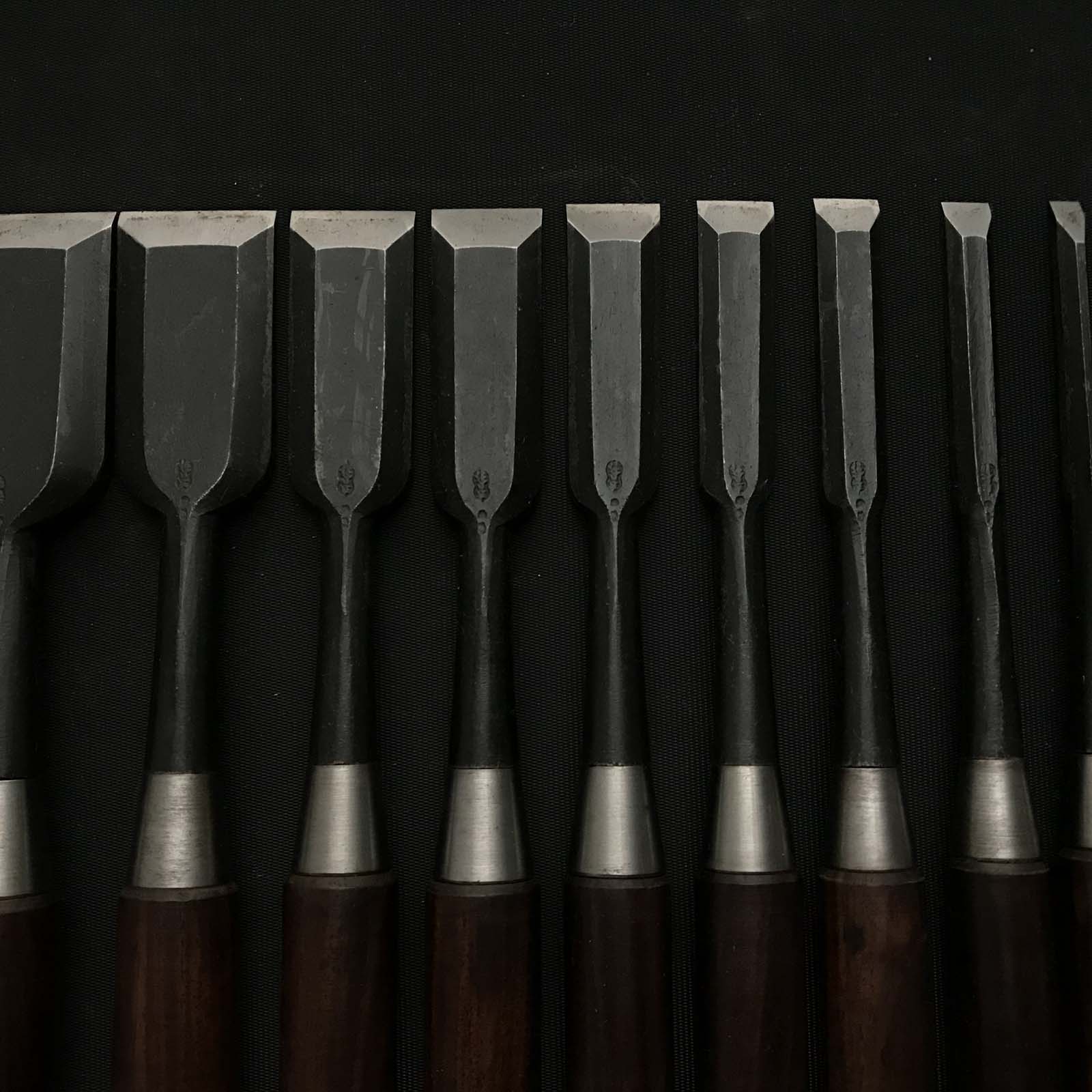 Hidari Hisasaku 2rd Bench chisels set by Ikegami Takanobu 池上喬庸作 二代目左久作 追入15本組鑿 Oirenomi