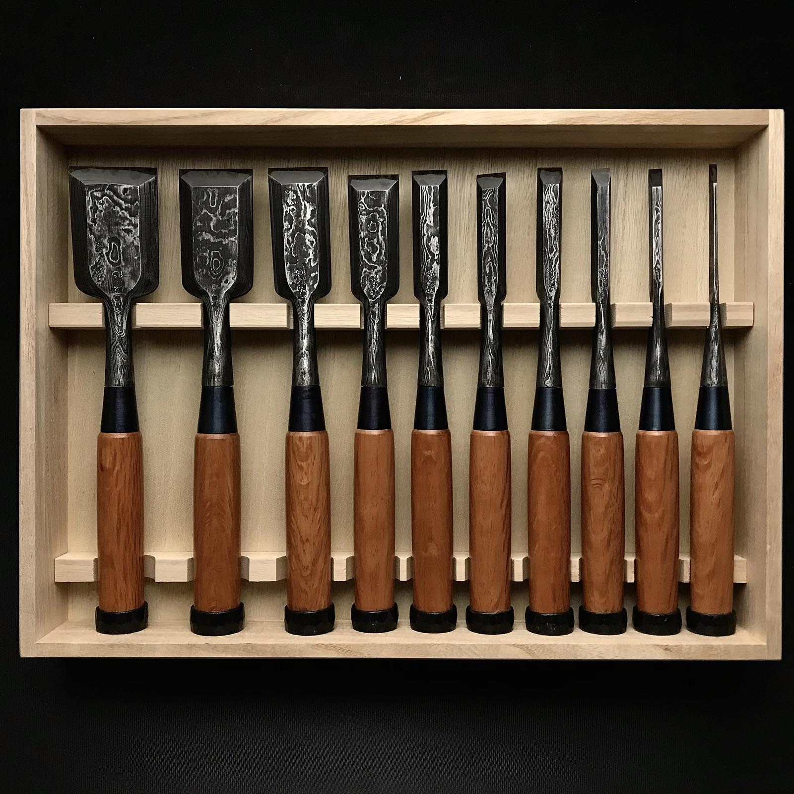 Sukemasa Suminagashi Bench chisels set with White steel 助正 墨流し 追入組鑿 白紙鋼 Oirenomi