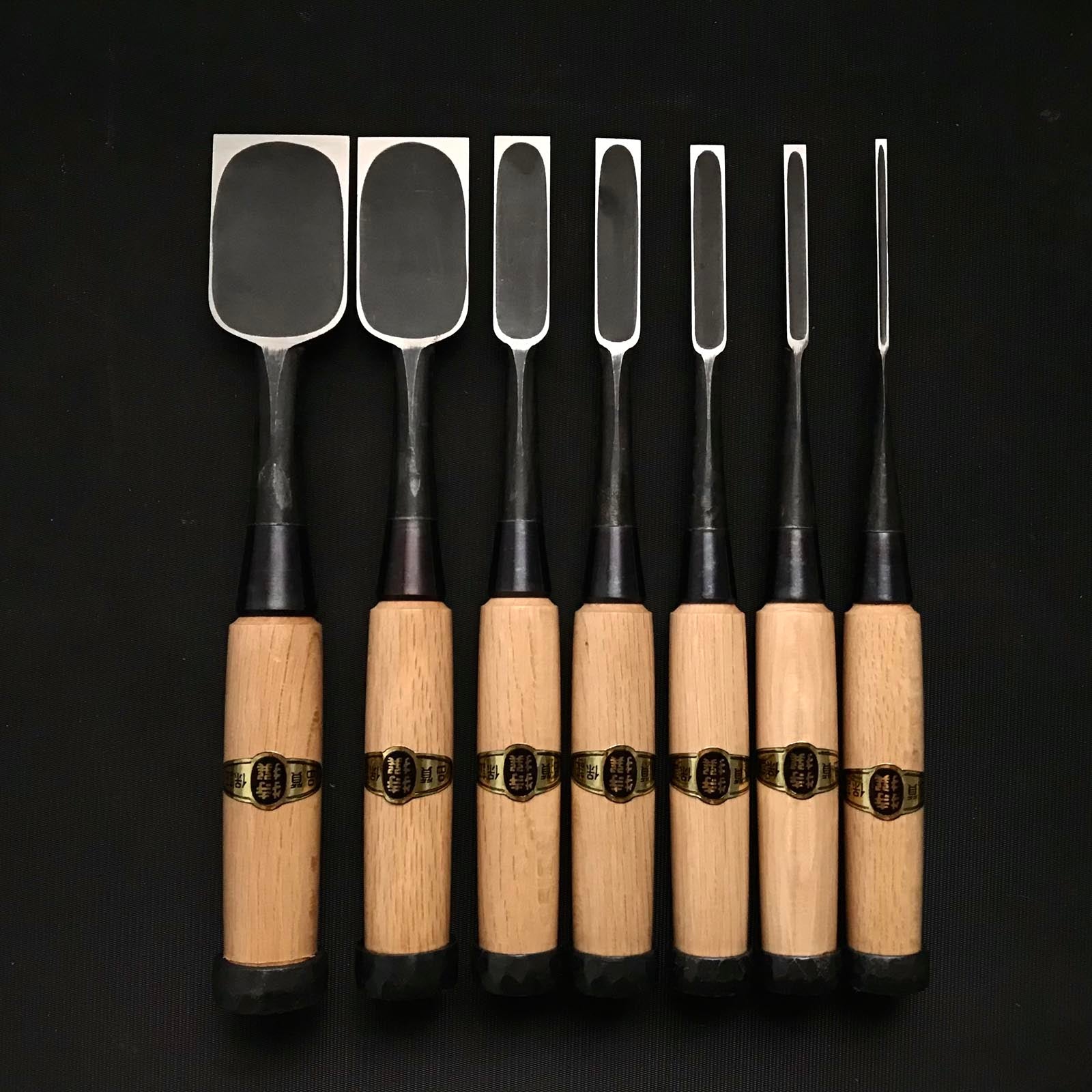 Old stock Osahiro (Nagahiro) early work Bench chisels set 掘出し物 長弘 追入鑿 7本組 Oirenomi