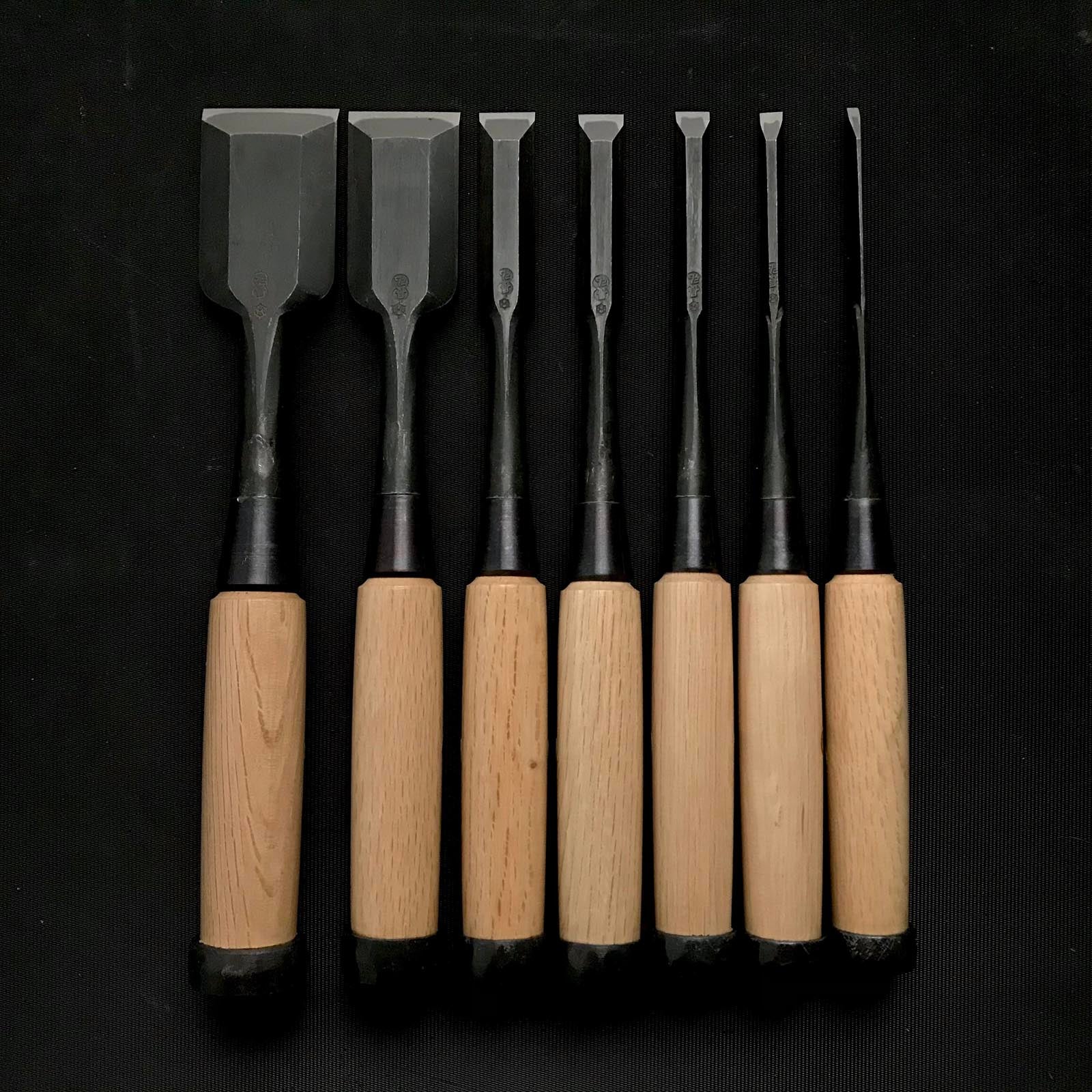 Old stock Osahiro (Nagahiro) early work Bench chisels set 掘出し物 長弘 追入鑿 7本組 Oirenomi