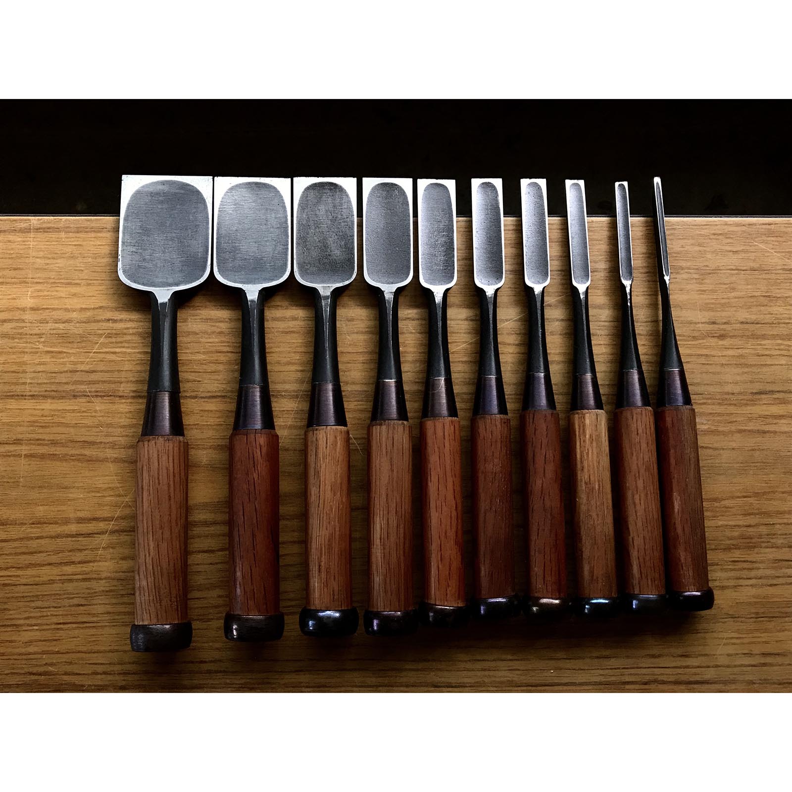 Old stock Hidari Ichihiro Second Generation Kakuuchi Bench chisels set 掘出し物 月市弘 二代目左市弘山崎勇作 角打追入組鑿 Oirenomi