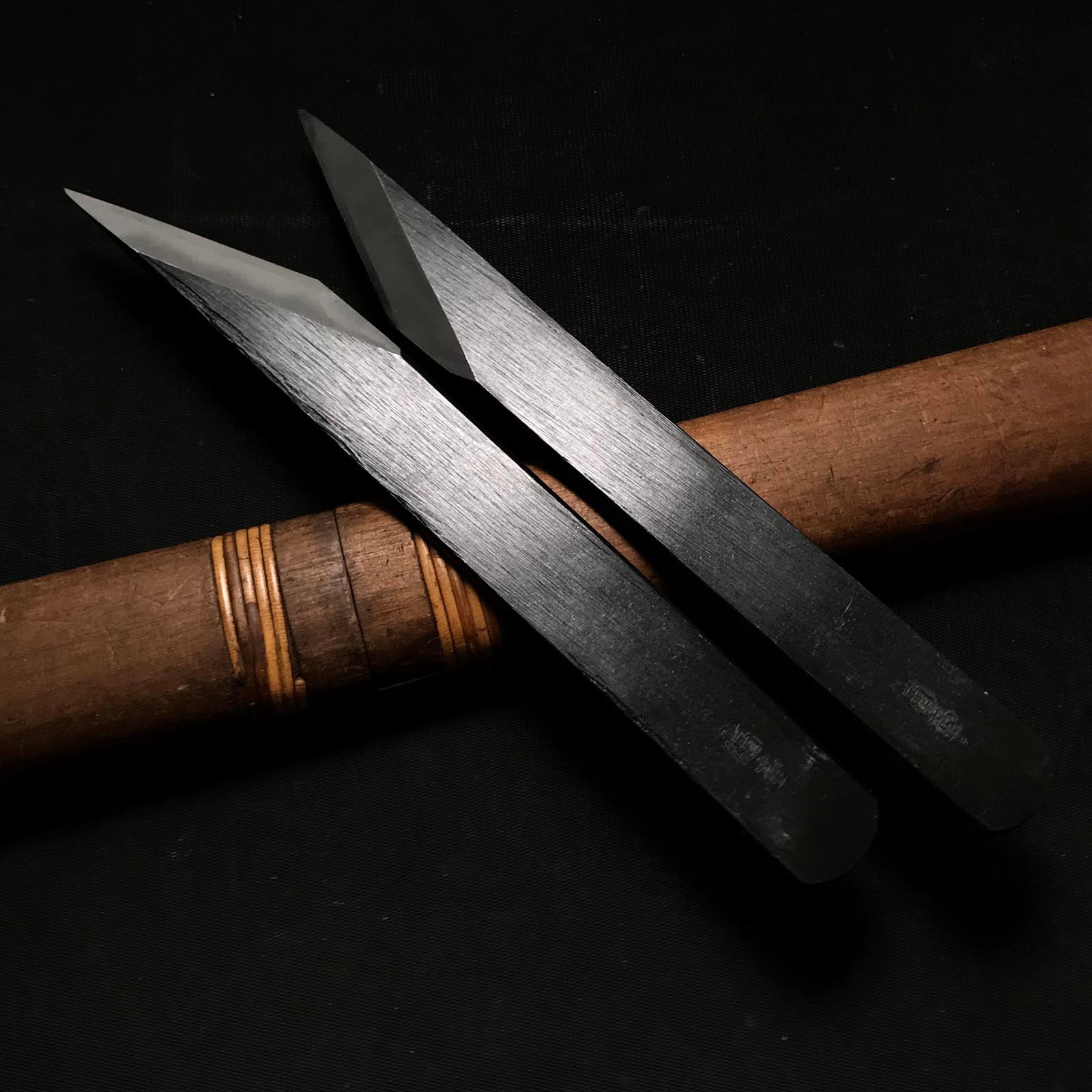 MIKI Kiridashi by Tsunesaburo with Powder metallurgy HSS steel 酒壺 常三郎作 黒打 粉末ハイス鋼 切出し小刀 18,21mm