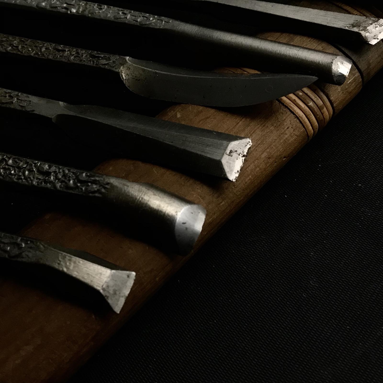 Old stock Carving chisels set with Blue steel 掘出し物 共柄彫刻刀セット 青紙鋼