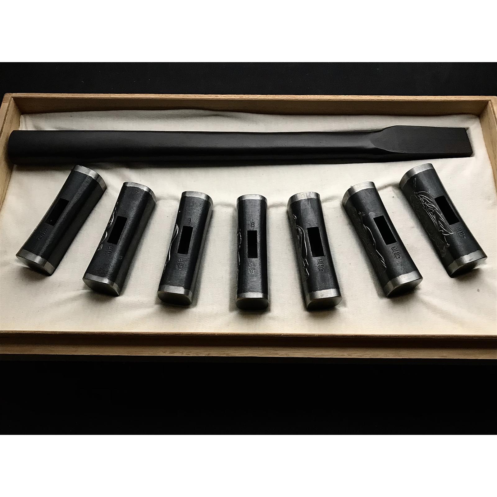 Old stock Masatsura Hand made Square Hammers Set with Carvings 掘出し物 馬場正行氏 七福神玄翁セット 四角玄翁 80匁