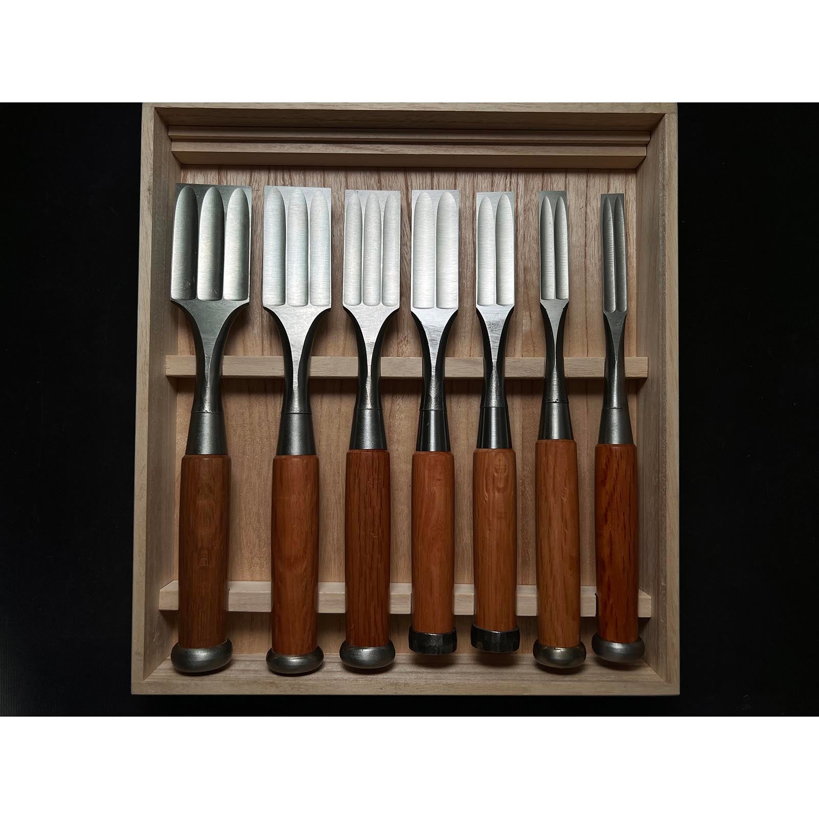 Old stock Sukemaru 3rd Damekiri chisels set with Triple ura 掘出し物 三代助丸作 碓氷金三郎氏 ダメ切り7本組鑿 Damekirinomi