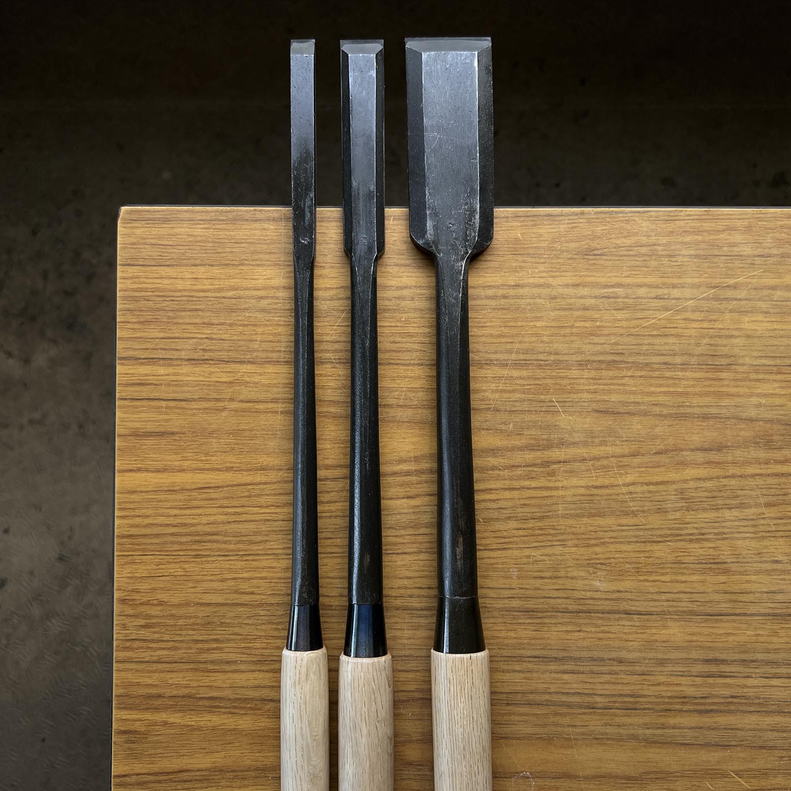 Kanetake Slick Chisels (Anayanomi) by Takahashi Norikazu 高橋典三作 カネ武 穴屋鑿 13.5,24,48mm
