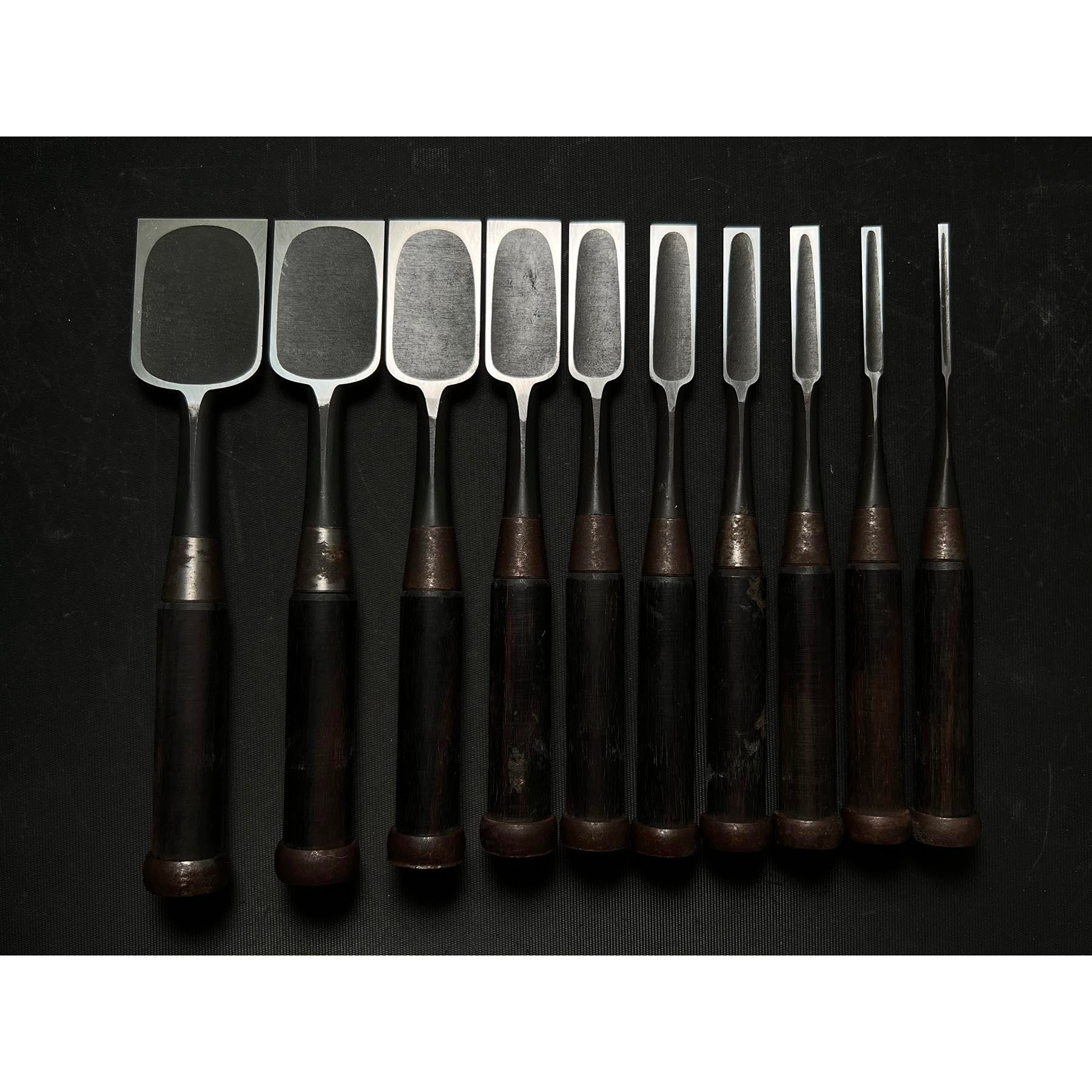 Used Hidari Ichihiro Second Generation Kakuuchi Bench chisels set 中古 月市弘 二代目左市弘山崎勇作 角打追入組鑿 Oirenomi